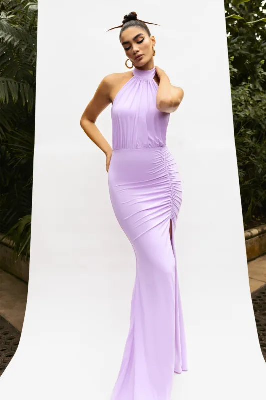 Forever Dreaming | Lilac Backless Halterneck Ruched Split Maxi Dress sold by Club L London