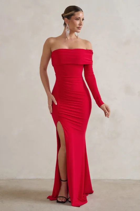 Meghan | Red Bardot Neck Thigh Split Fishtail Maxi Dress sold by Club L London