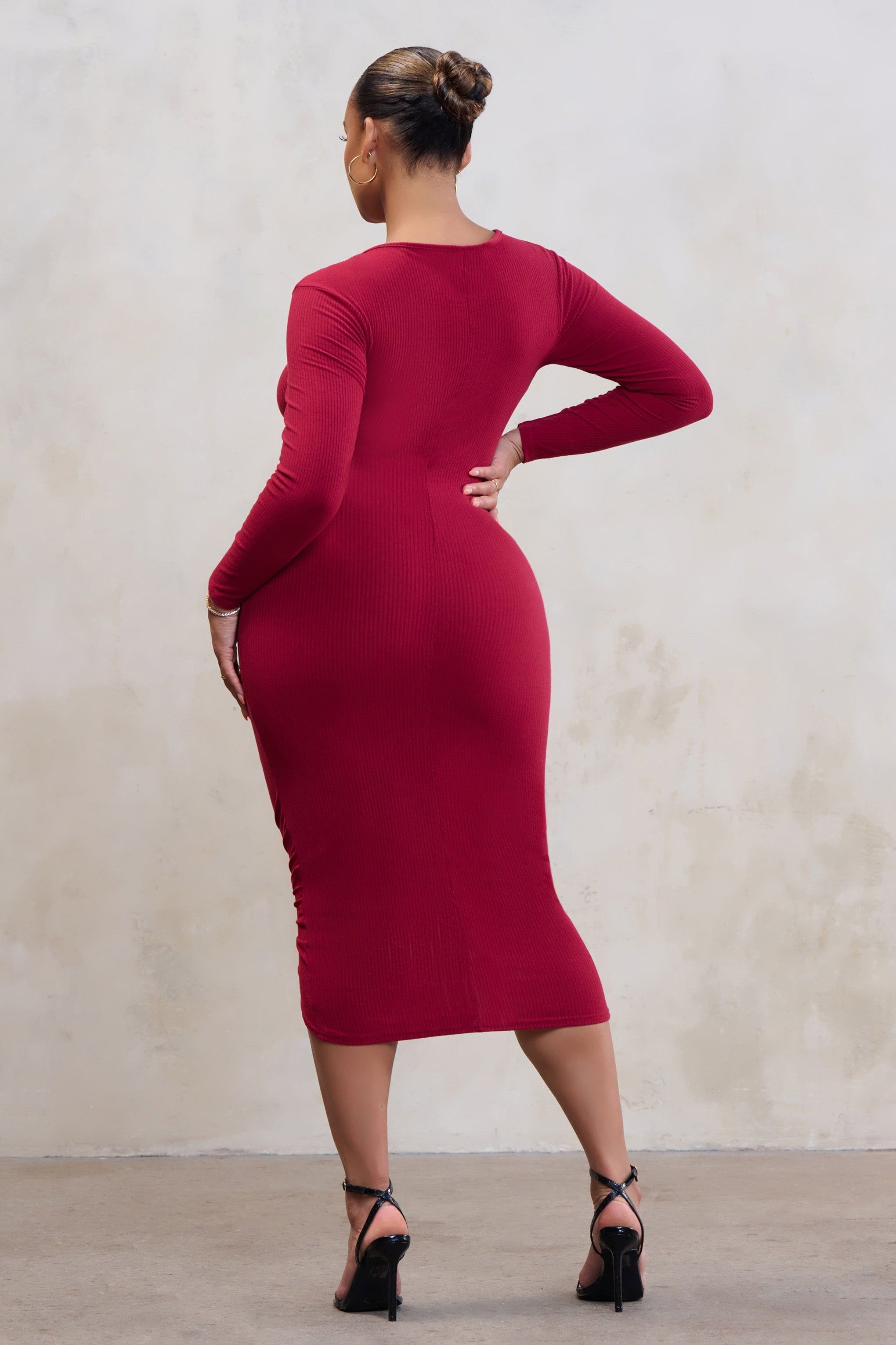 Centre Of Attention | Plus Berry Long Sleeve Ruched Front Midi Dress sold by Club L London product image thumbnail 2