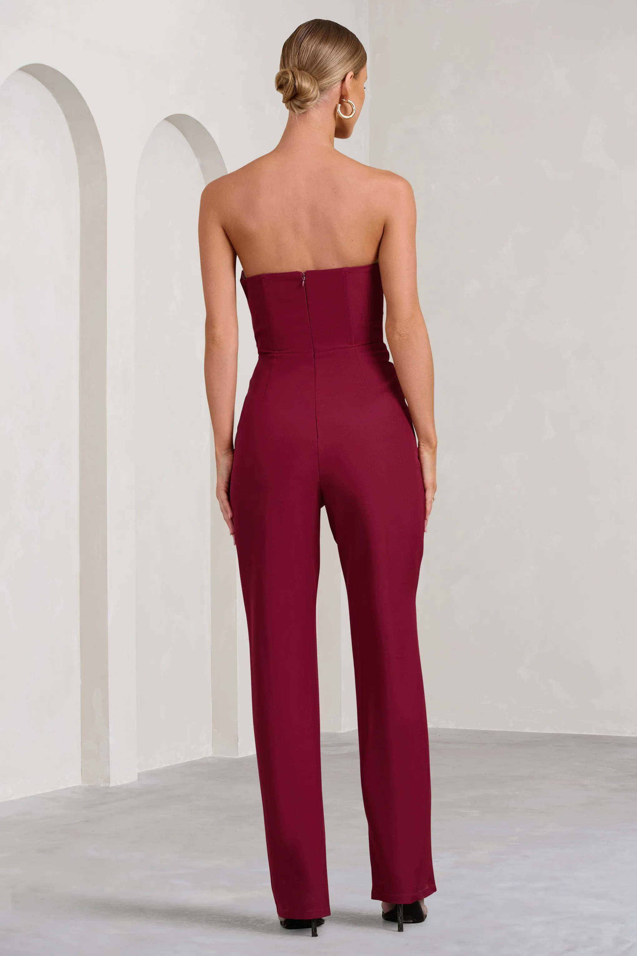 Bellezza | Burgundy Bandeau Corset Wide Leg Jumpsuit sold by Club L London product image thumbnail 2