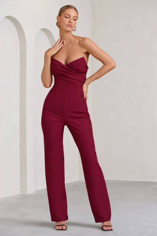 Bellezza | Burgundy Bandeau Corset Wide Leg Jumpsuit sold by Club L London