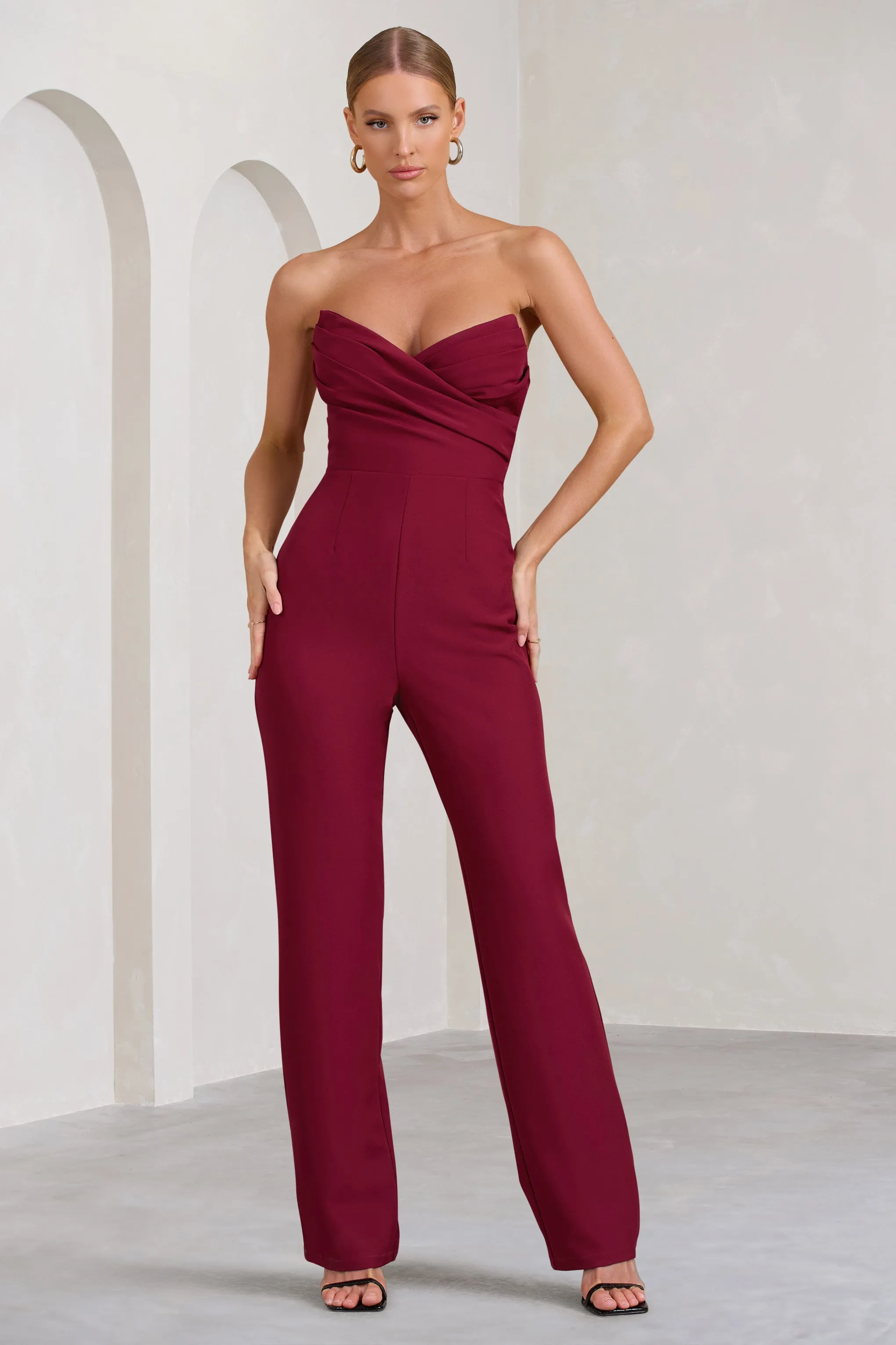 Bellezza | Burgundy Bandeau Corset Wide Leg Jumpsuit sold by Club L London product image thumbnail 4
