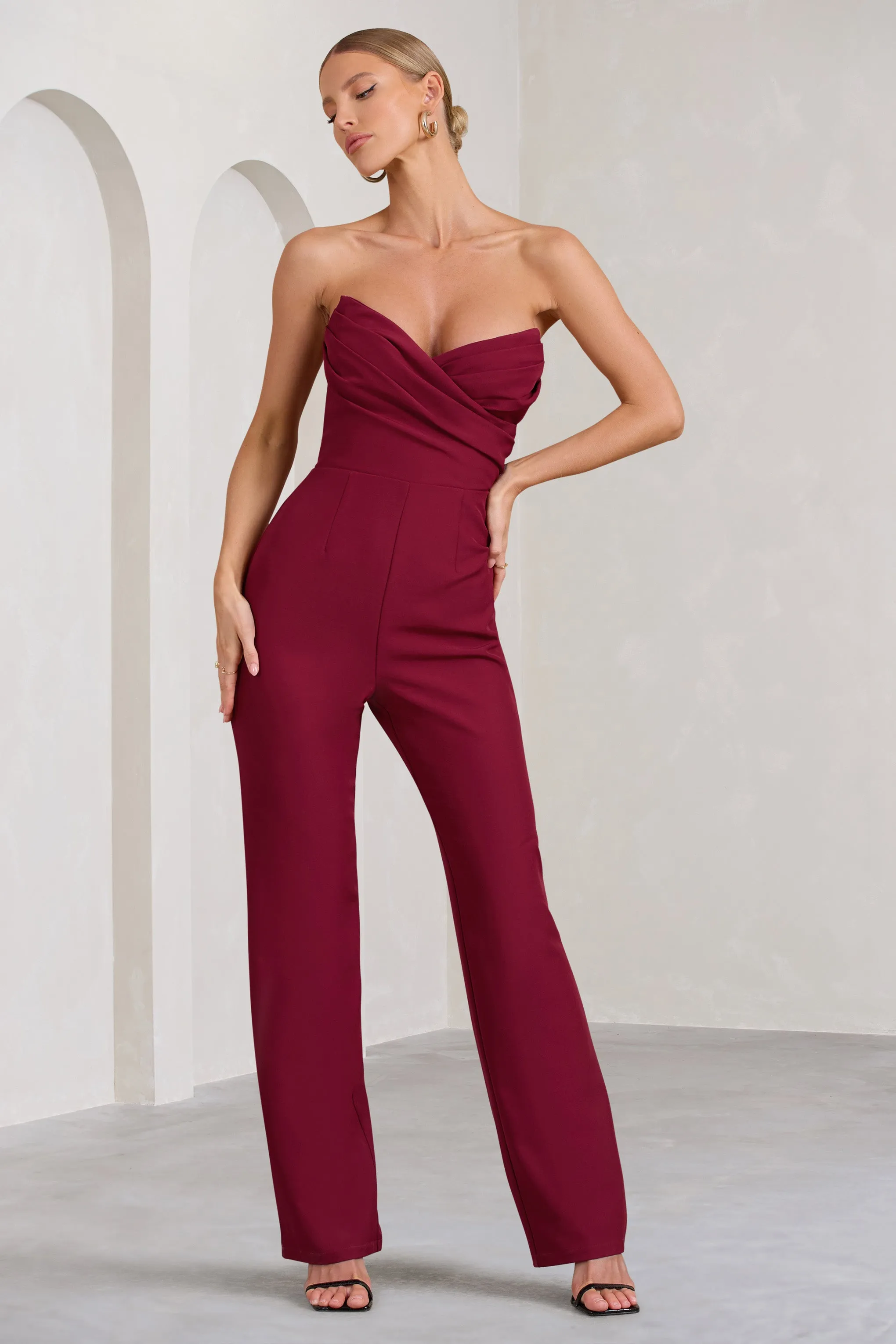 Bellezza | Burgundy Bandeau Corset Wide Leg Jumpsuit sold by Club L London product image thumbnail 3