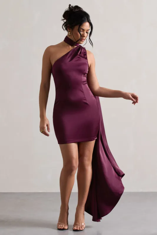 Natalie | Plum Satin One Shoulder Mini Dress With Scarf Detail sold by Club L London