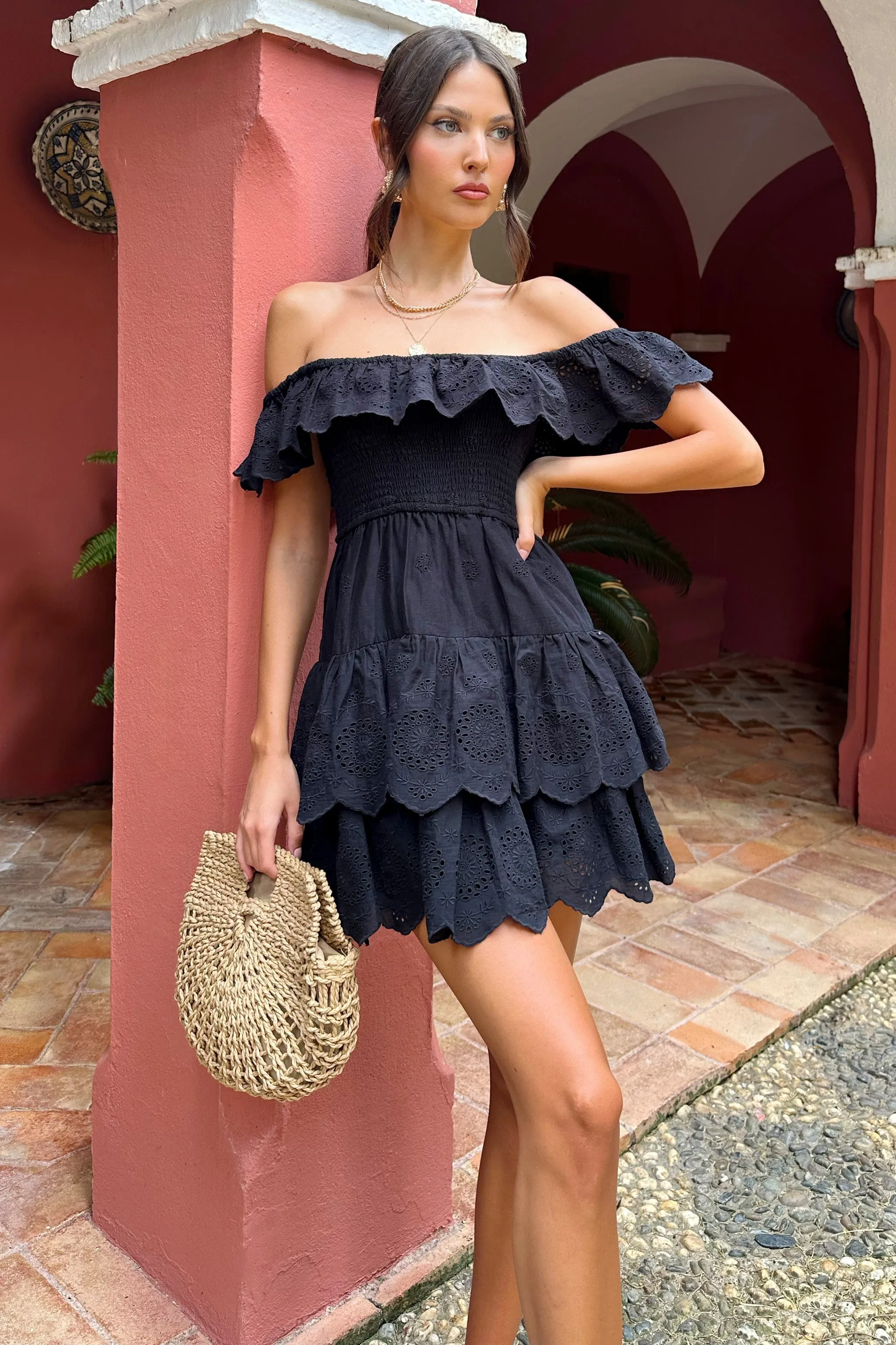 Explorer | Black Broderie Ruffled Bardot Mini Dress sold by Club L London product image thumbnail 3