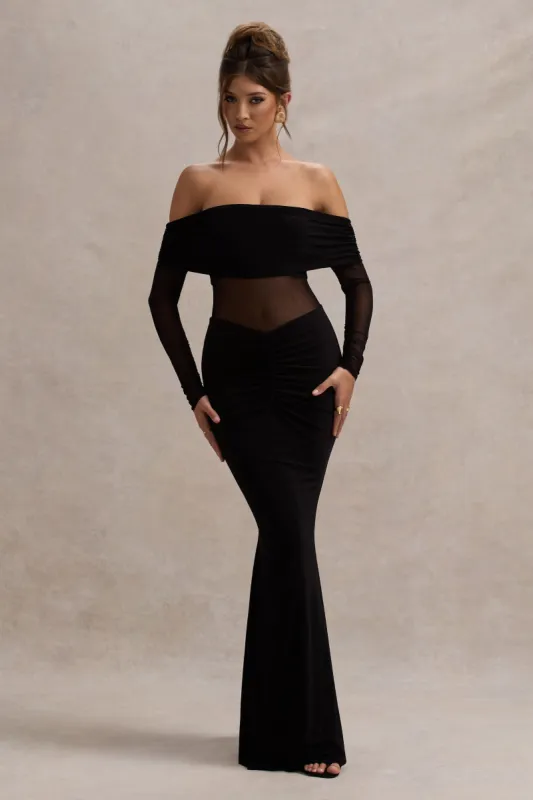 Ismeralda | Black Mesh Ruched Bardot Maxi Dress sold by Club L London