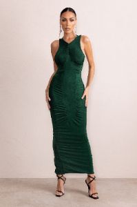 Bombshell | Emerald Green High Neck Ruched Maxi Dress sold by Club L London