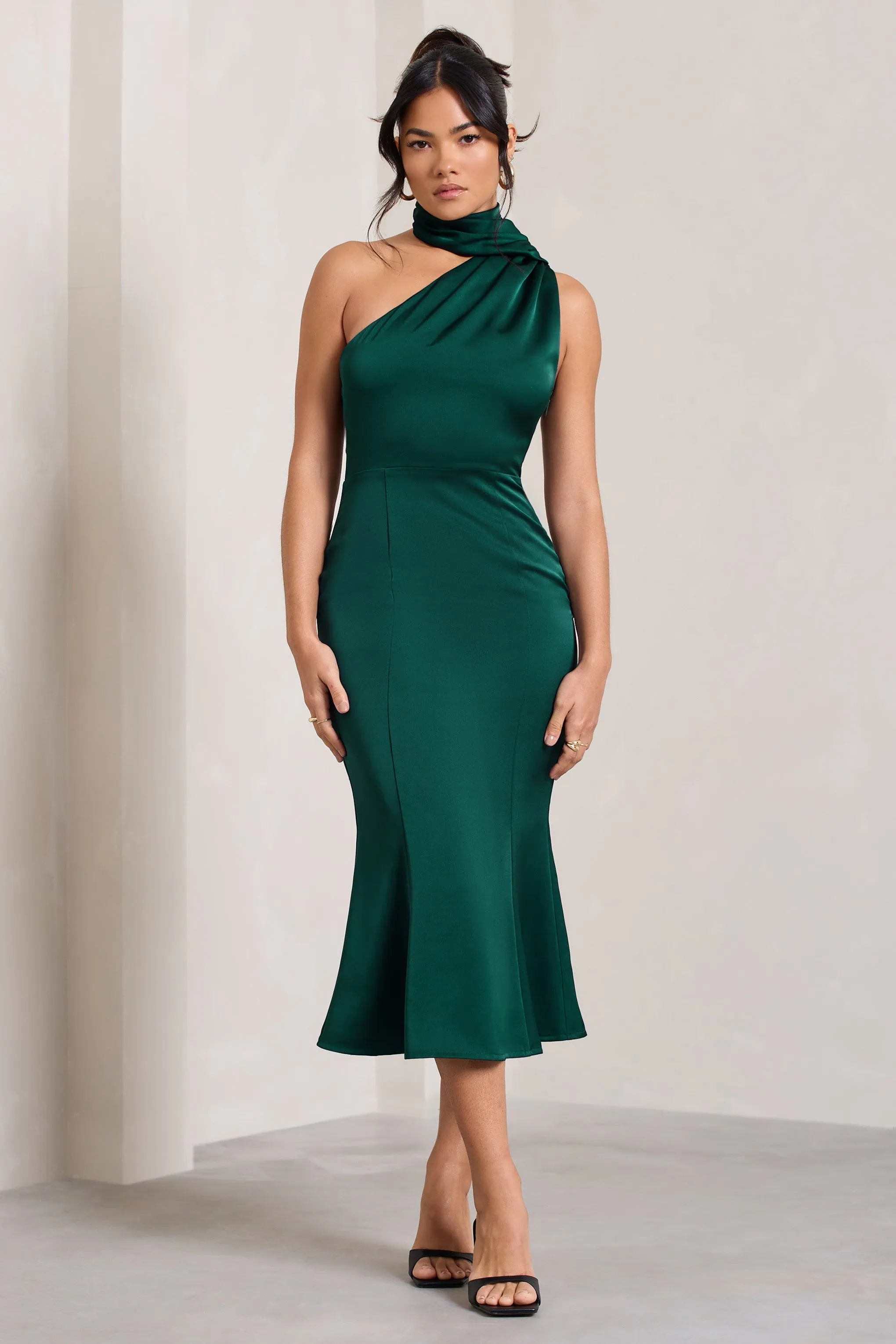 Golden Girl | Bottle Green Satin One Shoulder High-Neck Flared Midi Dress sold by Club L London product image thumbnail 4