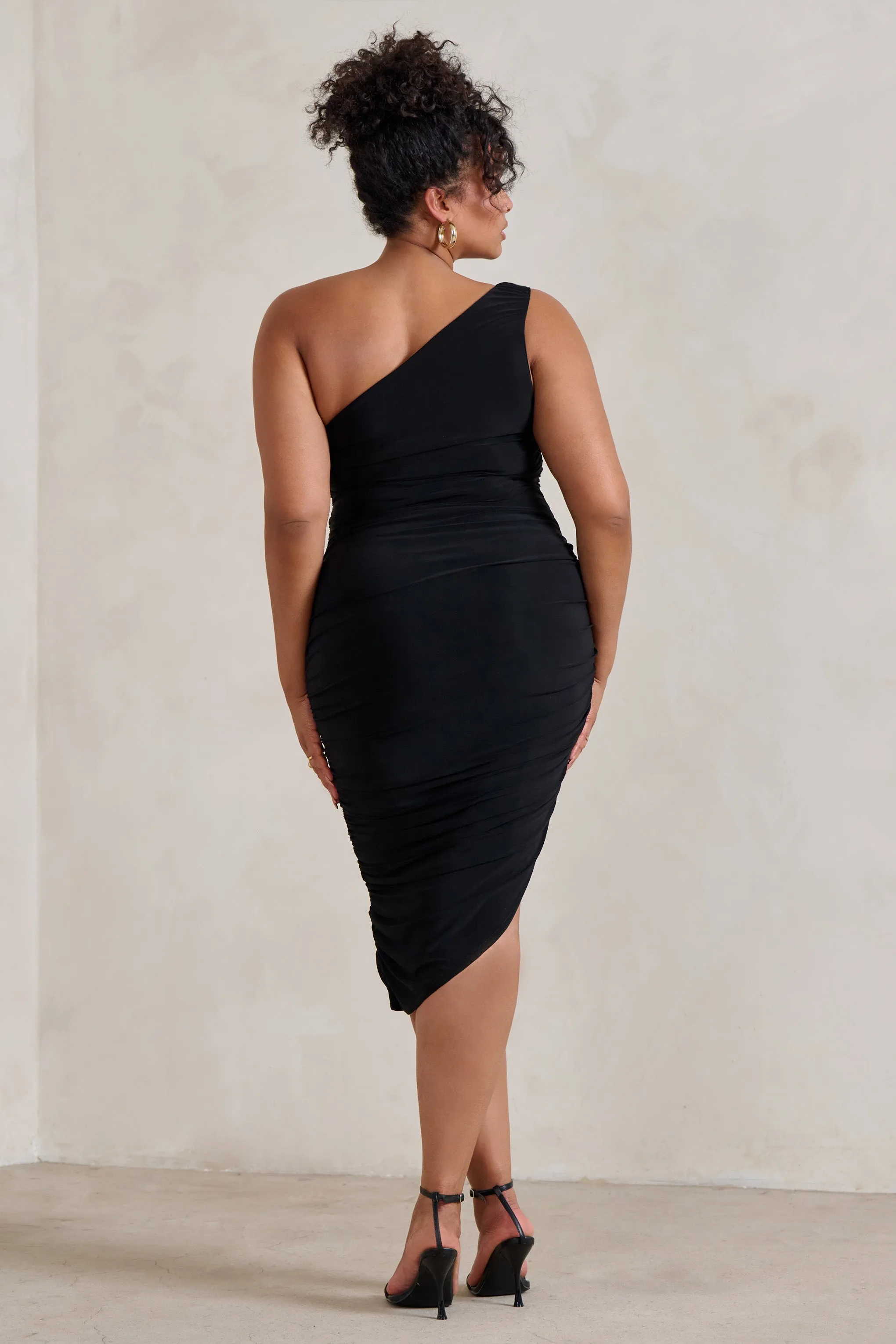 Late Night | Black Asymmetric One Shoulder Ruched Midi Dress sold by Club L London product image thumbnail 3