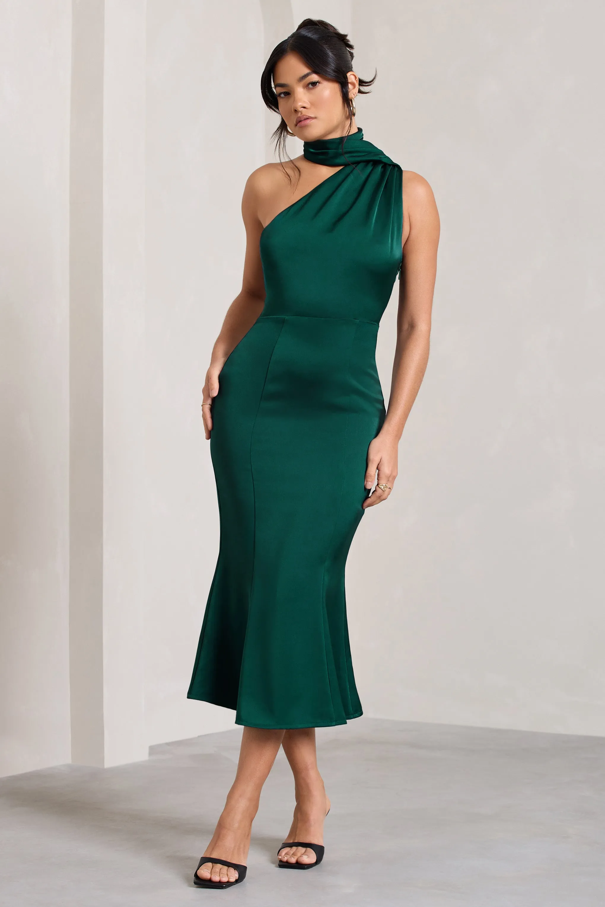 Golden Girl | Bottle Green Satin One Shoulder High-Neck Flared Midi Dress sold by Club L London product image thumbnail 5