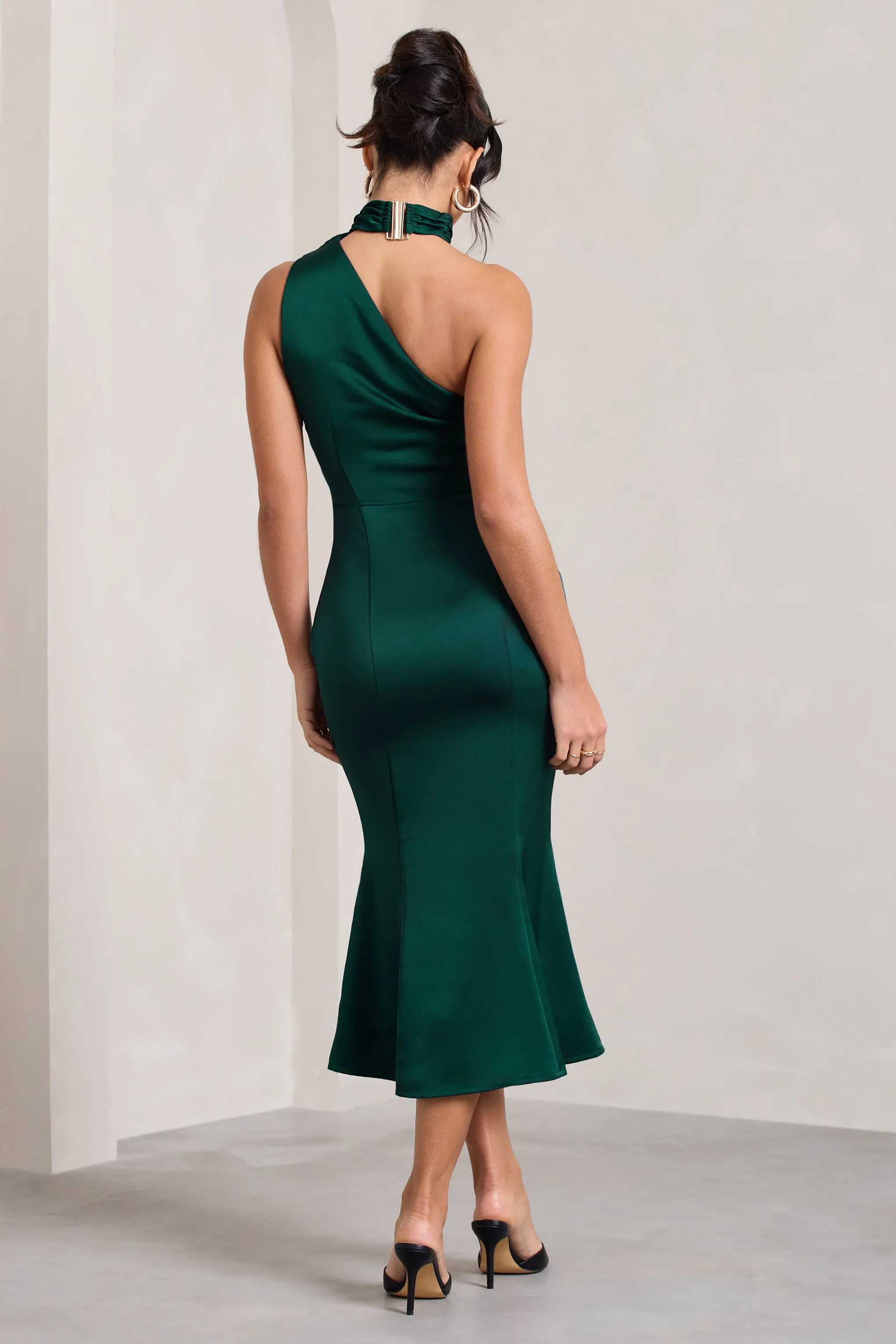 Golden Girl | Bottle Green Satin One Shoulder High-Neck Flared Midi Dress sold by Club L London product image thumbnail 2