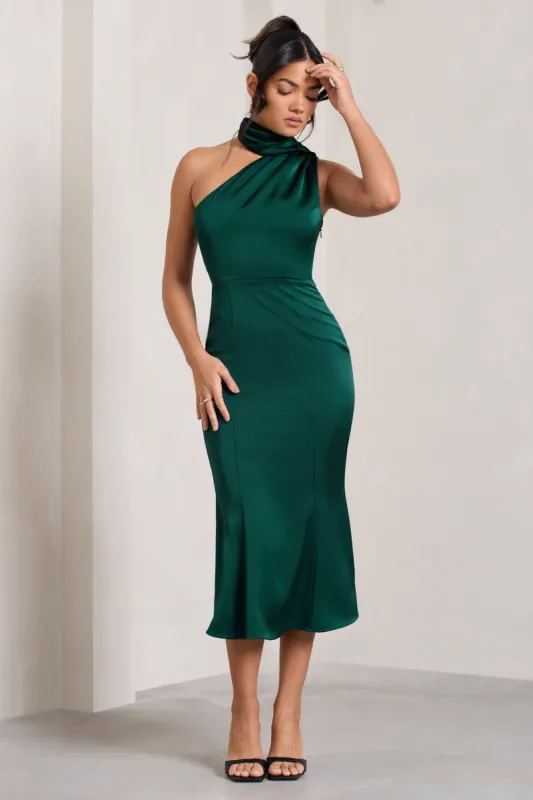 Golden Girl | Bottle Green Satin One Shoulder High-Neck Flared Midi Dress sold by Club L London