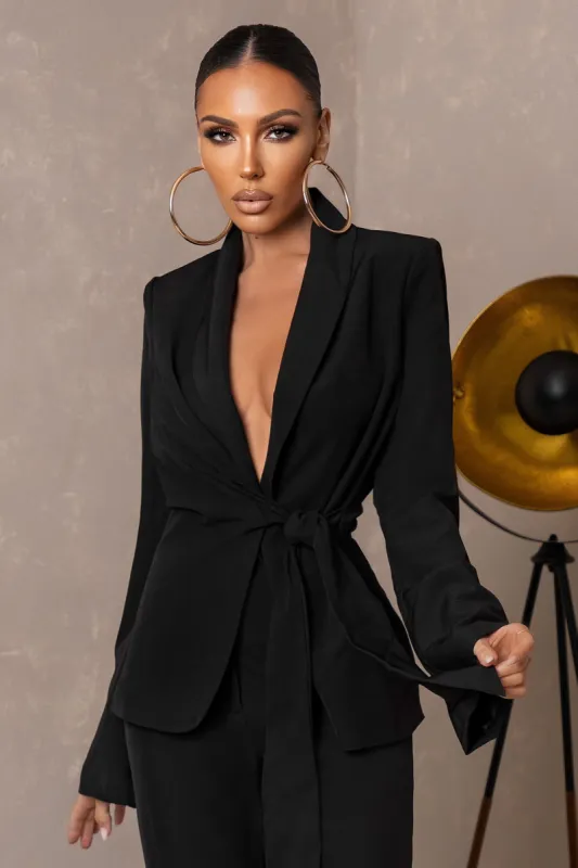 Undeniable | Black Tie Wrap Detail Relaxed Blazer sold by Club L London
