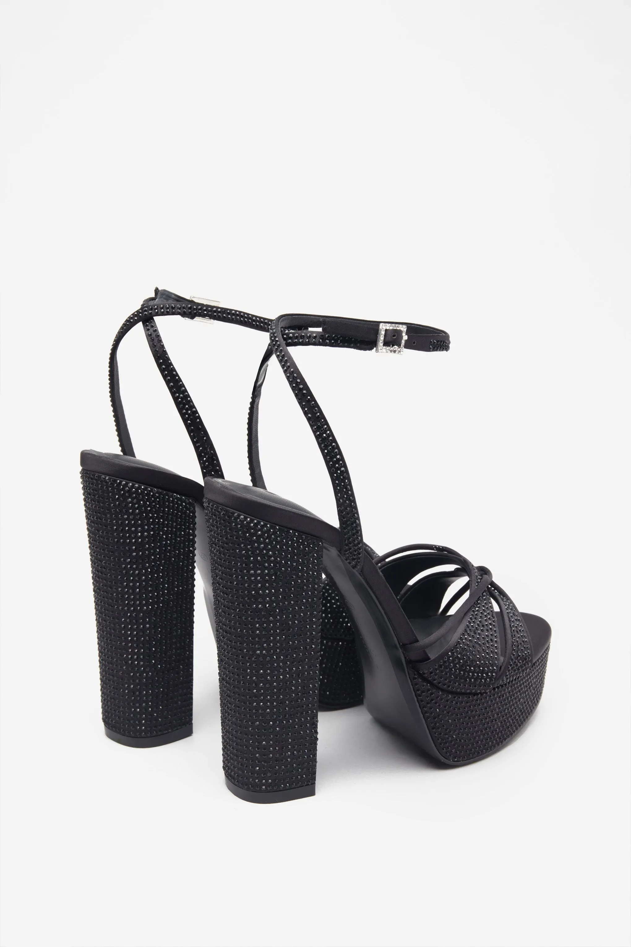 Crystal Cut | Black Strappy Heeled Platform Sandals With Diamante Buckles sold by Club L London product image thumbnail 3