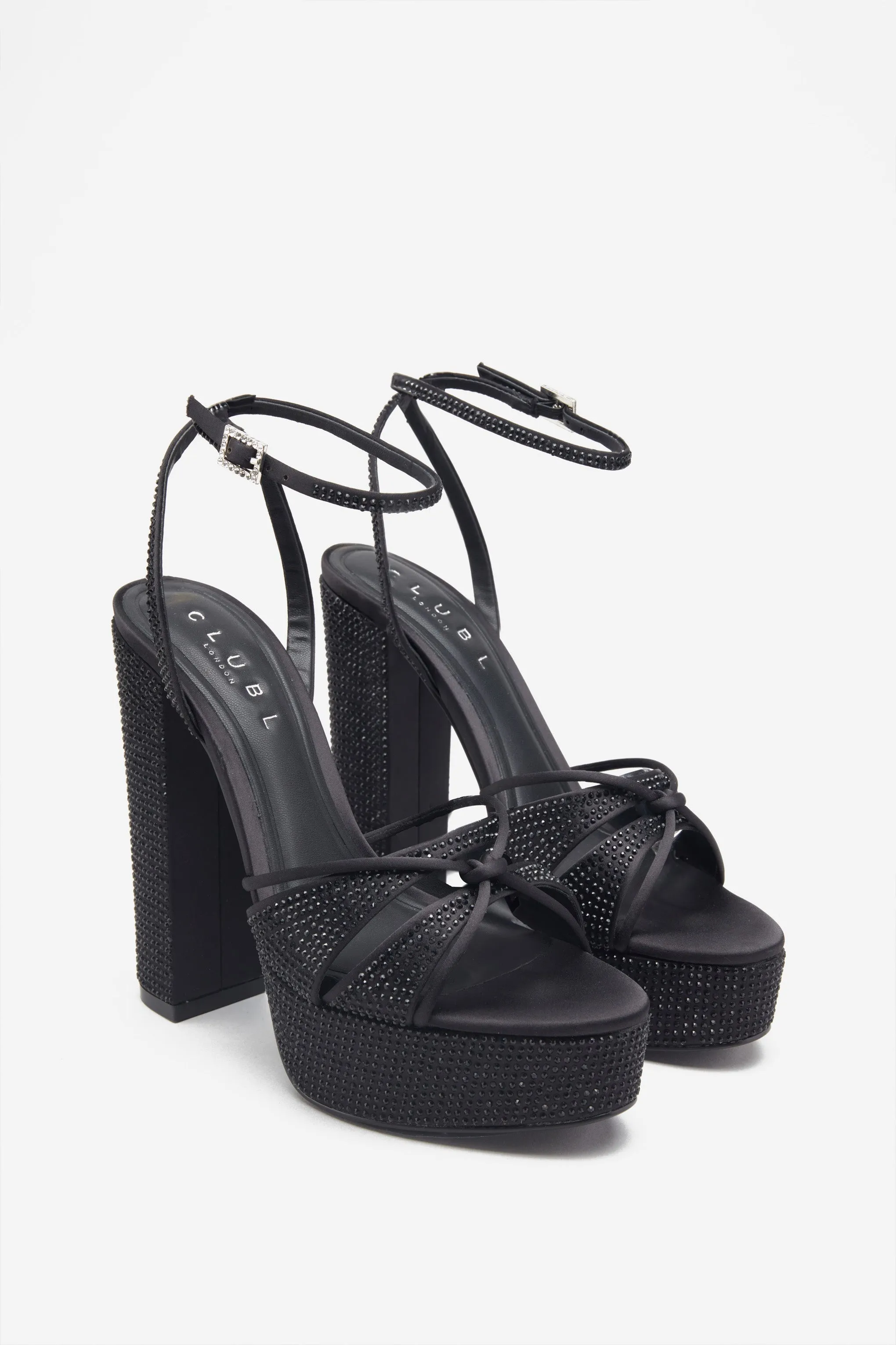 Crystal Cut | Black Strappy Heeled Platform Sandals With Diamante Buckles sold by Club L London product image thumbnail 2