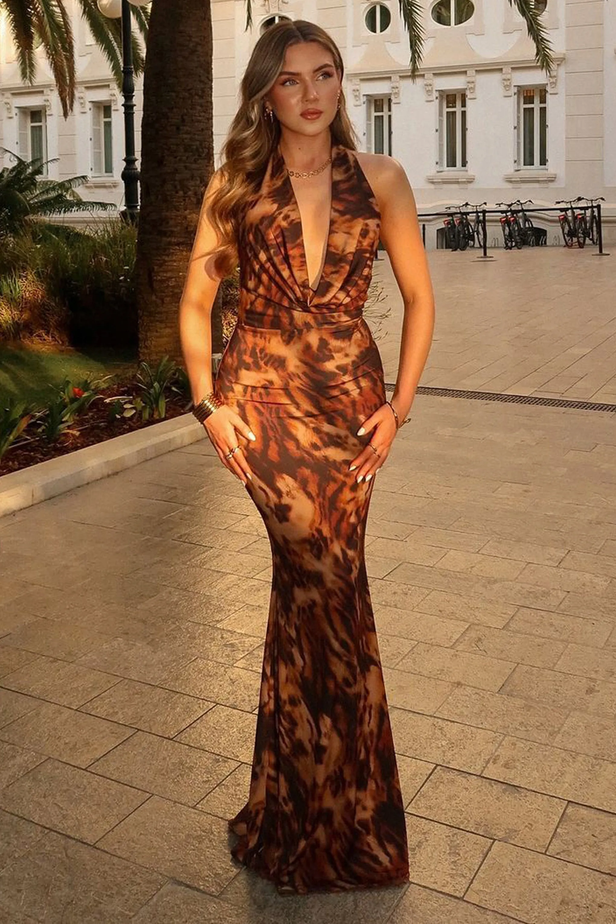 Milani | Animal Print Backless Cowl Neck Fishtail Maxi Dress sold by Club L London