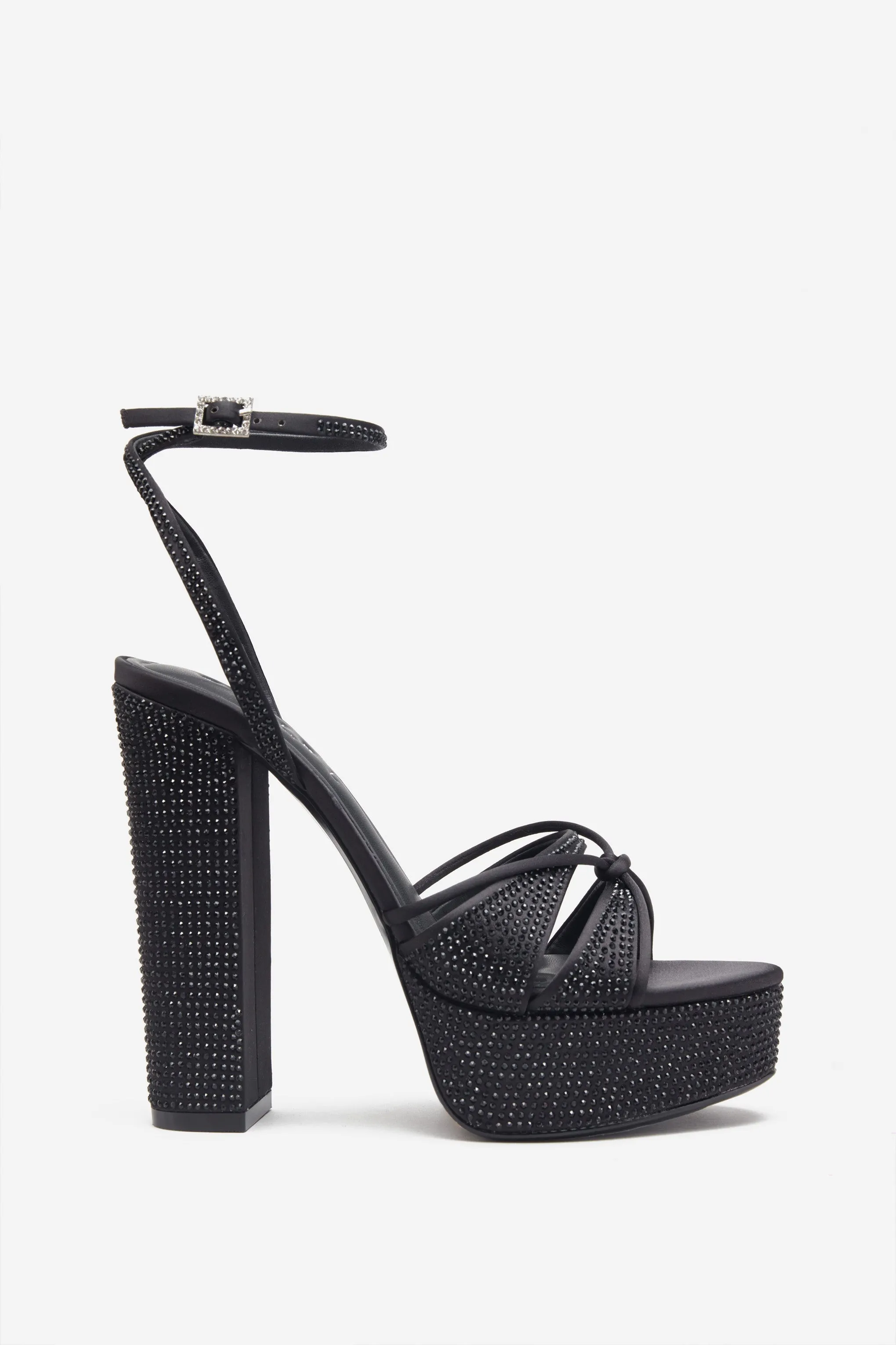 Crystal Cut | Black Strappy Heeled Platform Sandals With Diamante Buckles sold by Club L London