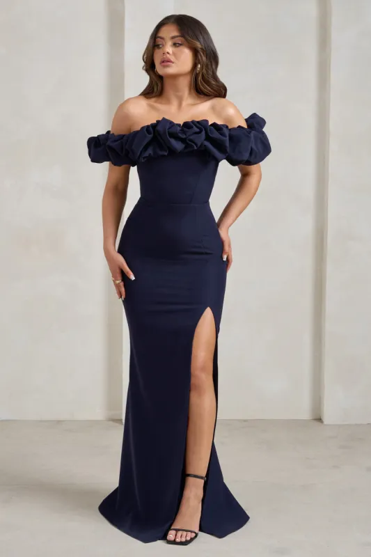 Esmeralda | Navy Structured Statement Bardot Maxi Dress sold by Club L London