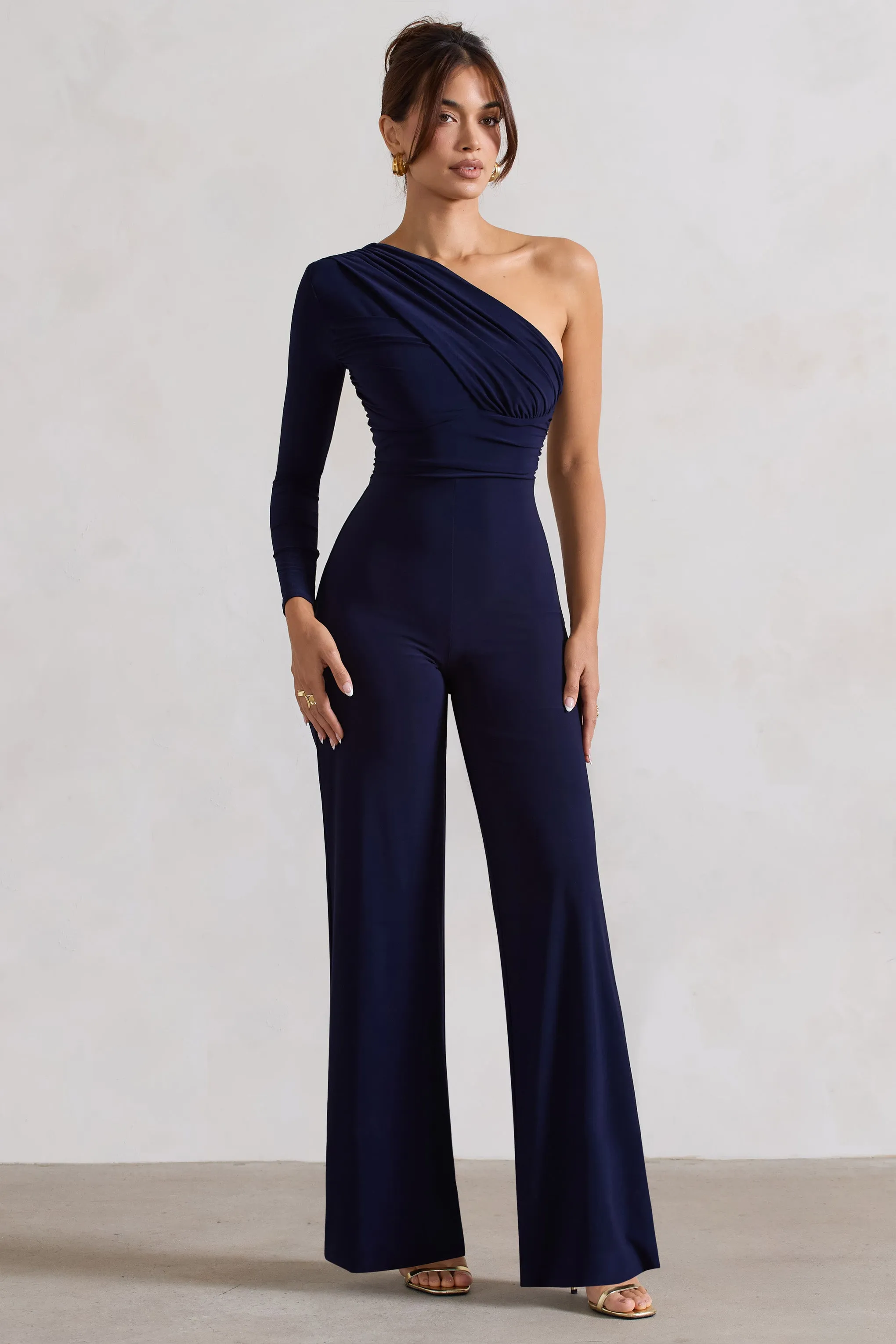 Mila | Navy One Shoulder Ruched Wide Leg Jumpsuit sold by Club L London
