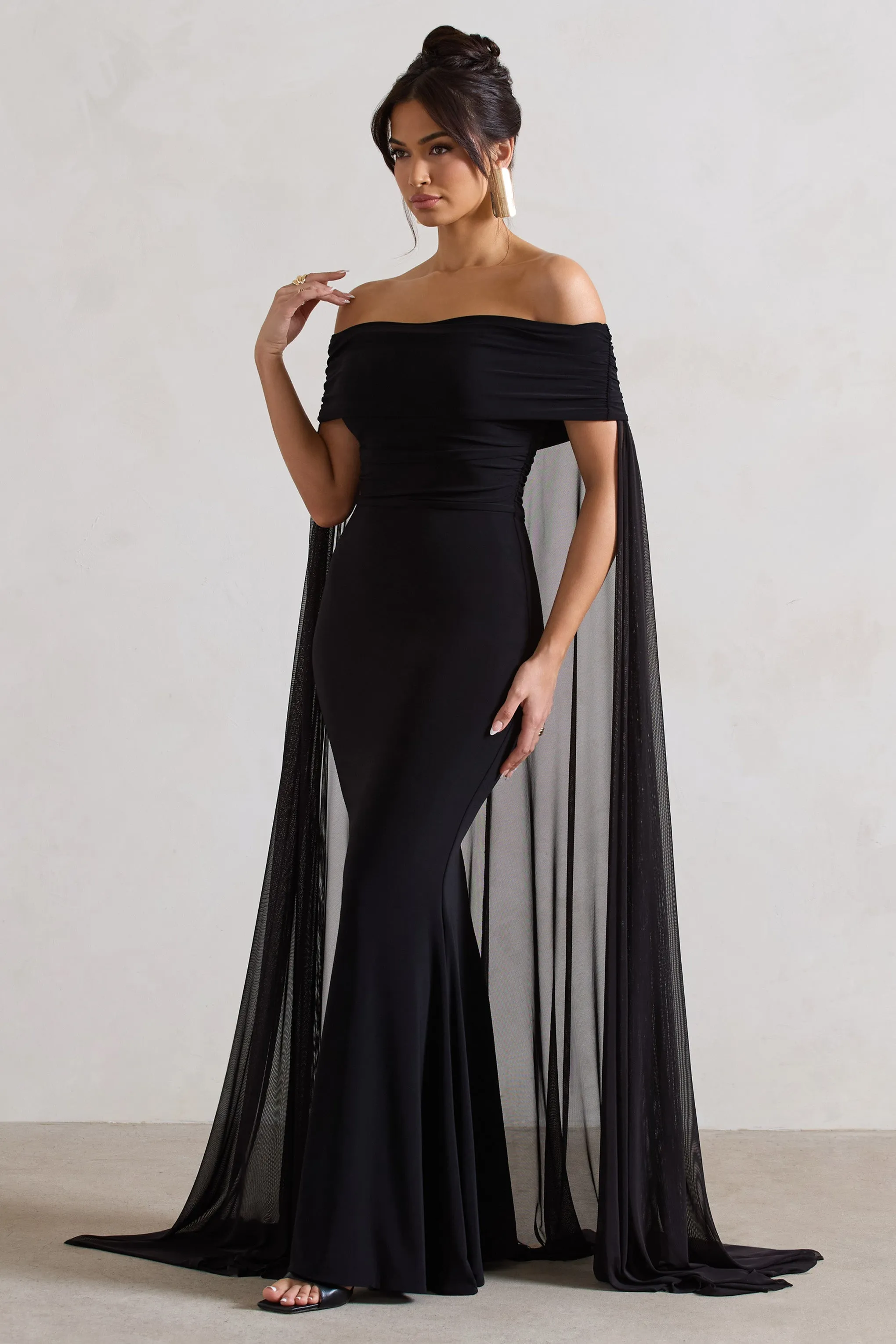 Carlotta | Black Bardot Maxi Dress With Chiffon Cape sold by Club L London product image thumbnail 5
