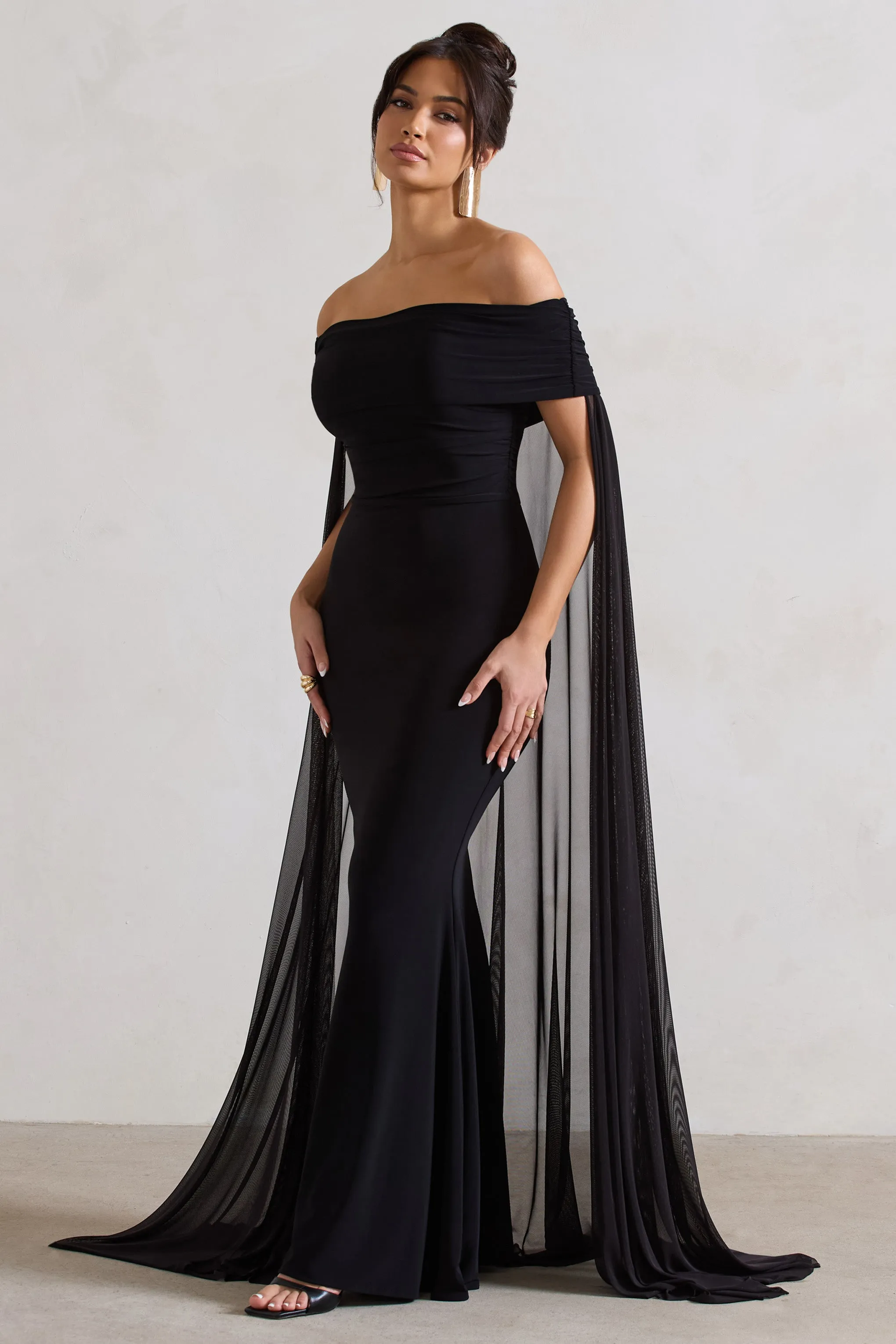 Carlotta | Black Bardot Maxi Dress With Chiffon Cape sold by Club L London product image thumbnail 4