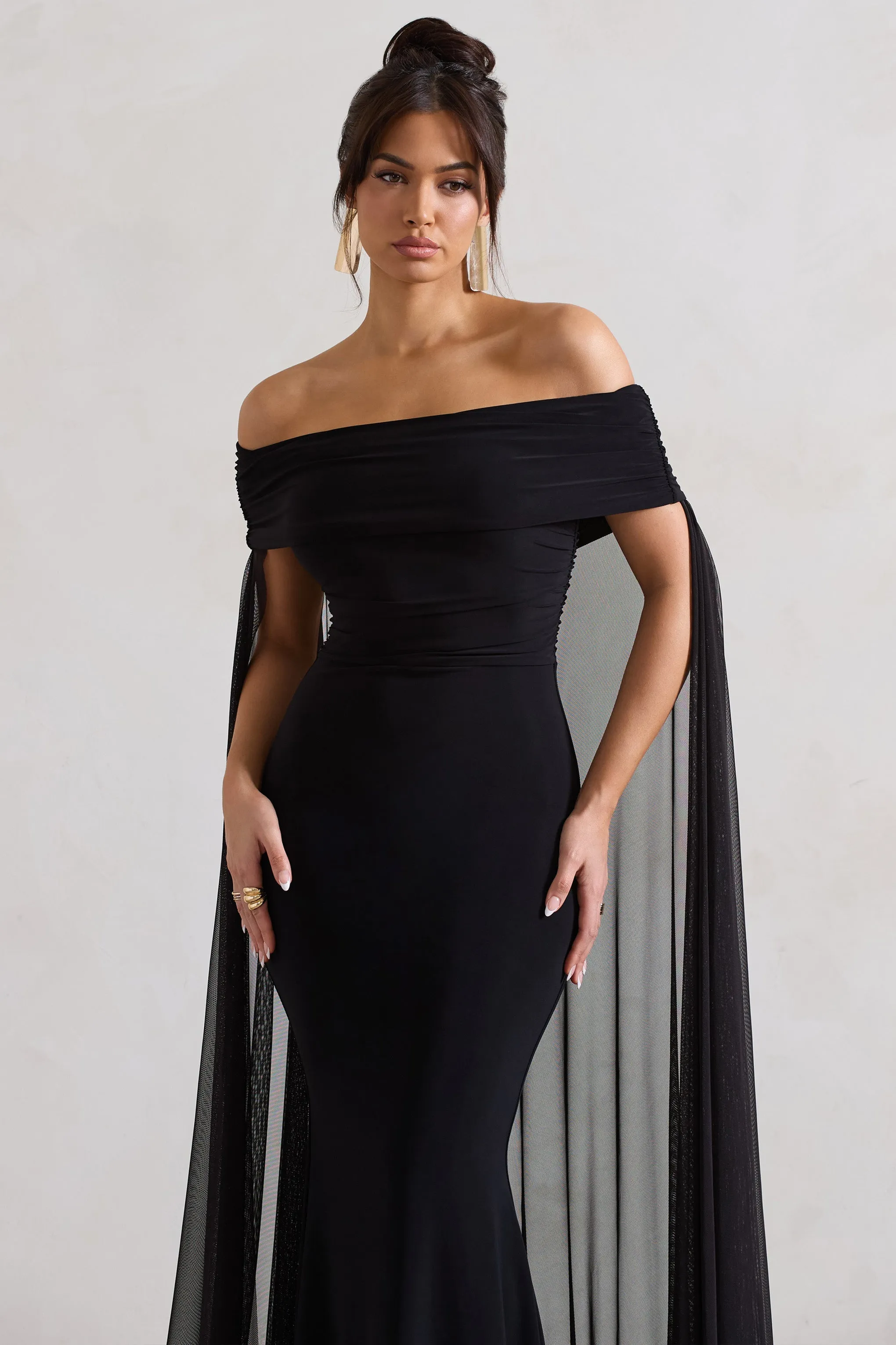 Carlotta | Black Bardot Maxi Dress With Chiffon Cape sold by Club L London product image thumbnail 3