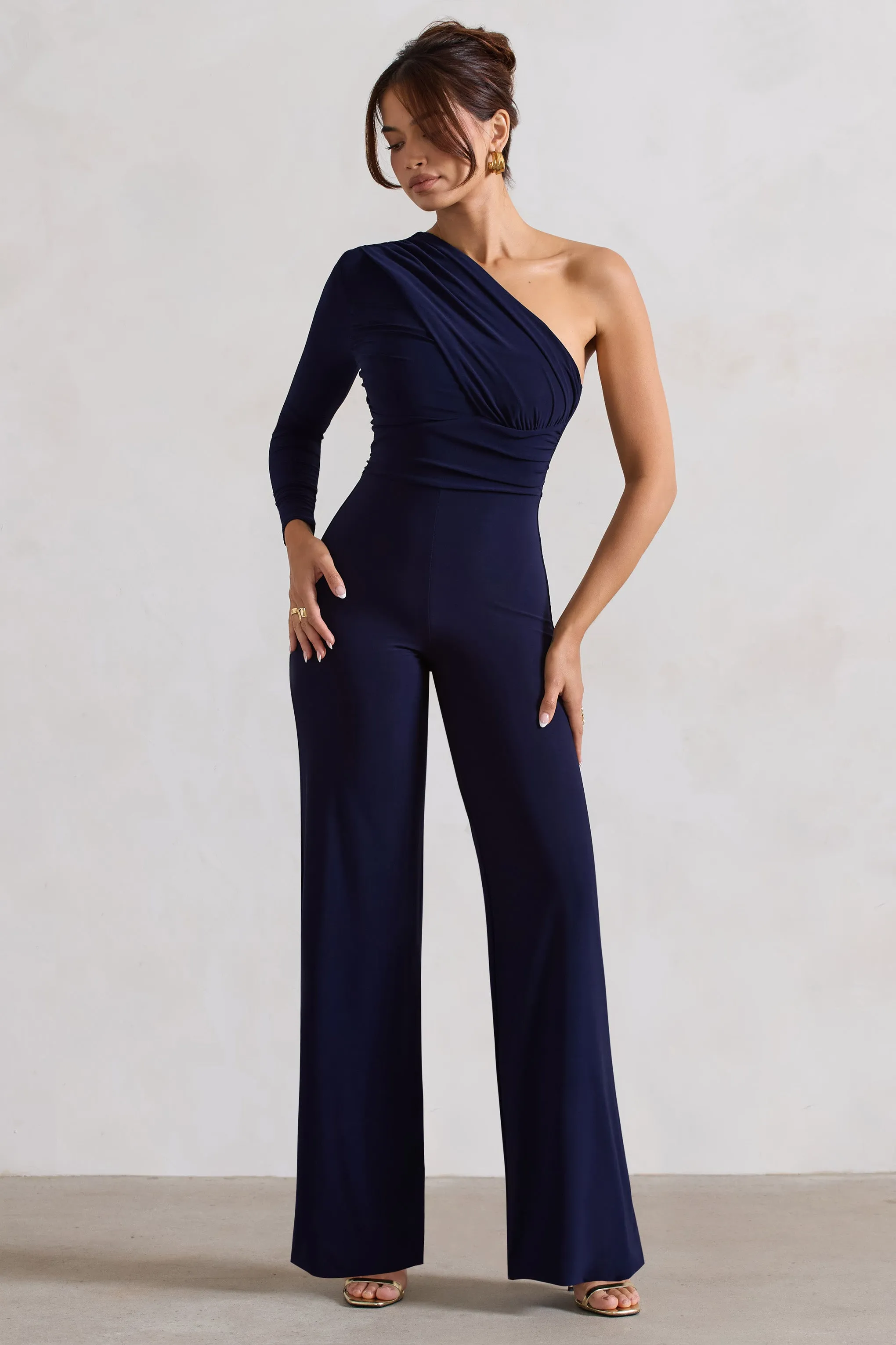 Mila | Navy One Shoulder Ruched Wide Leg Jumpsuit sold by Club L London product image thumbnail 5
