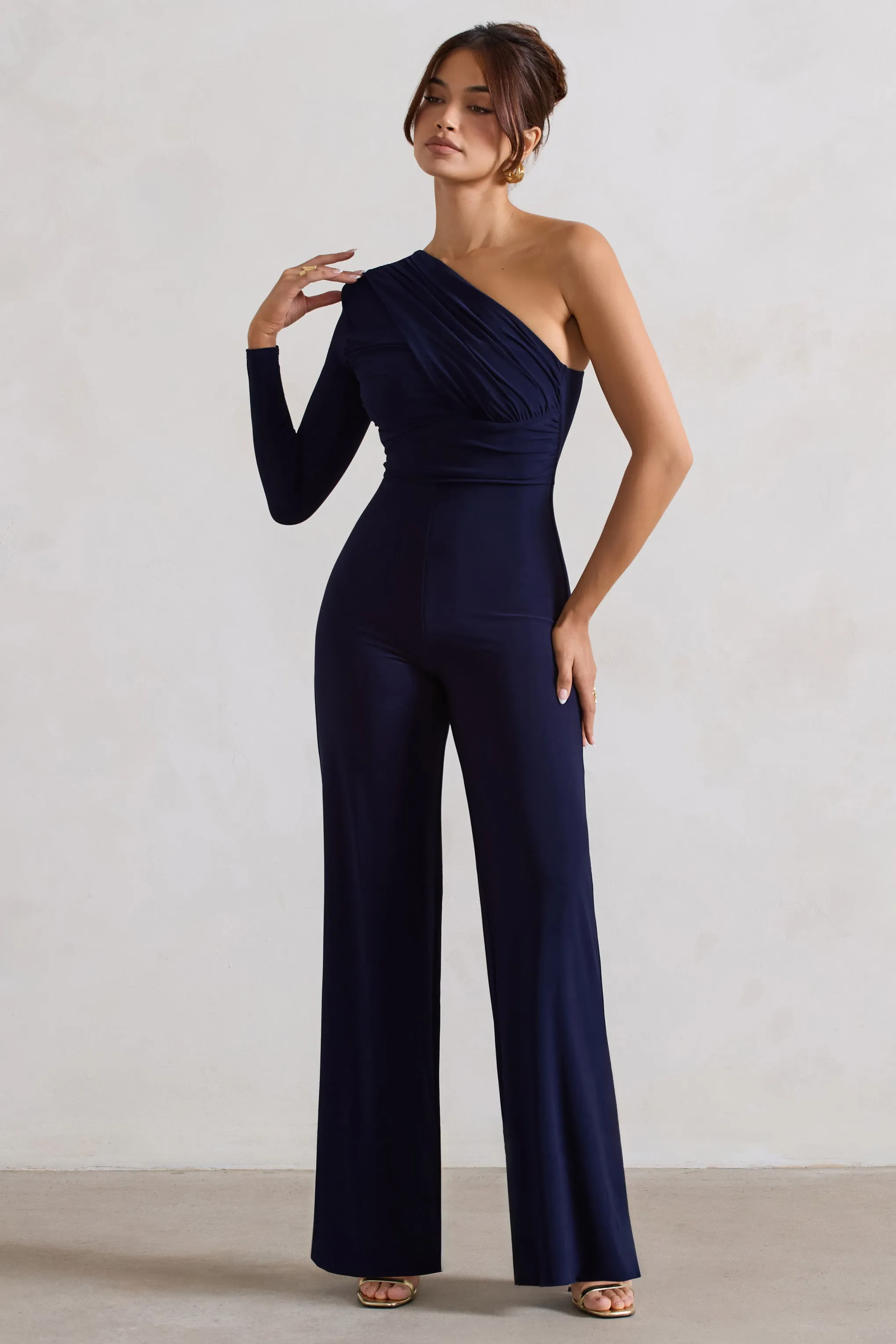 Mila | Navy One Shoulder Ruched Wide Leg Jumpsuit sold by Club L London product image thumbnail 4