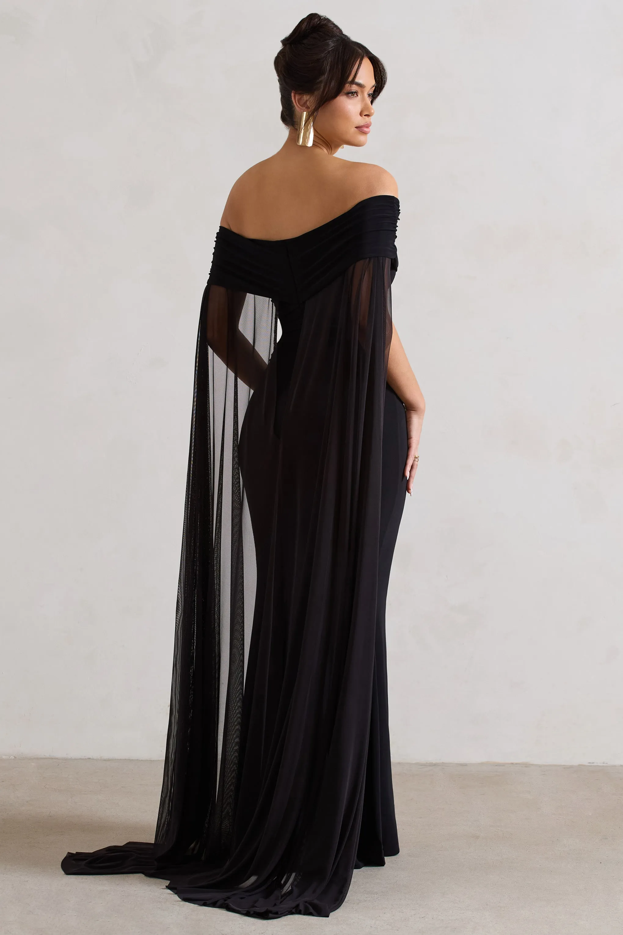 Carlotta | Black Bardot Maxi Dress With Chiffon Cape sold by Club L London product image thumbnail 2