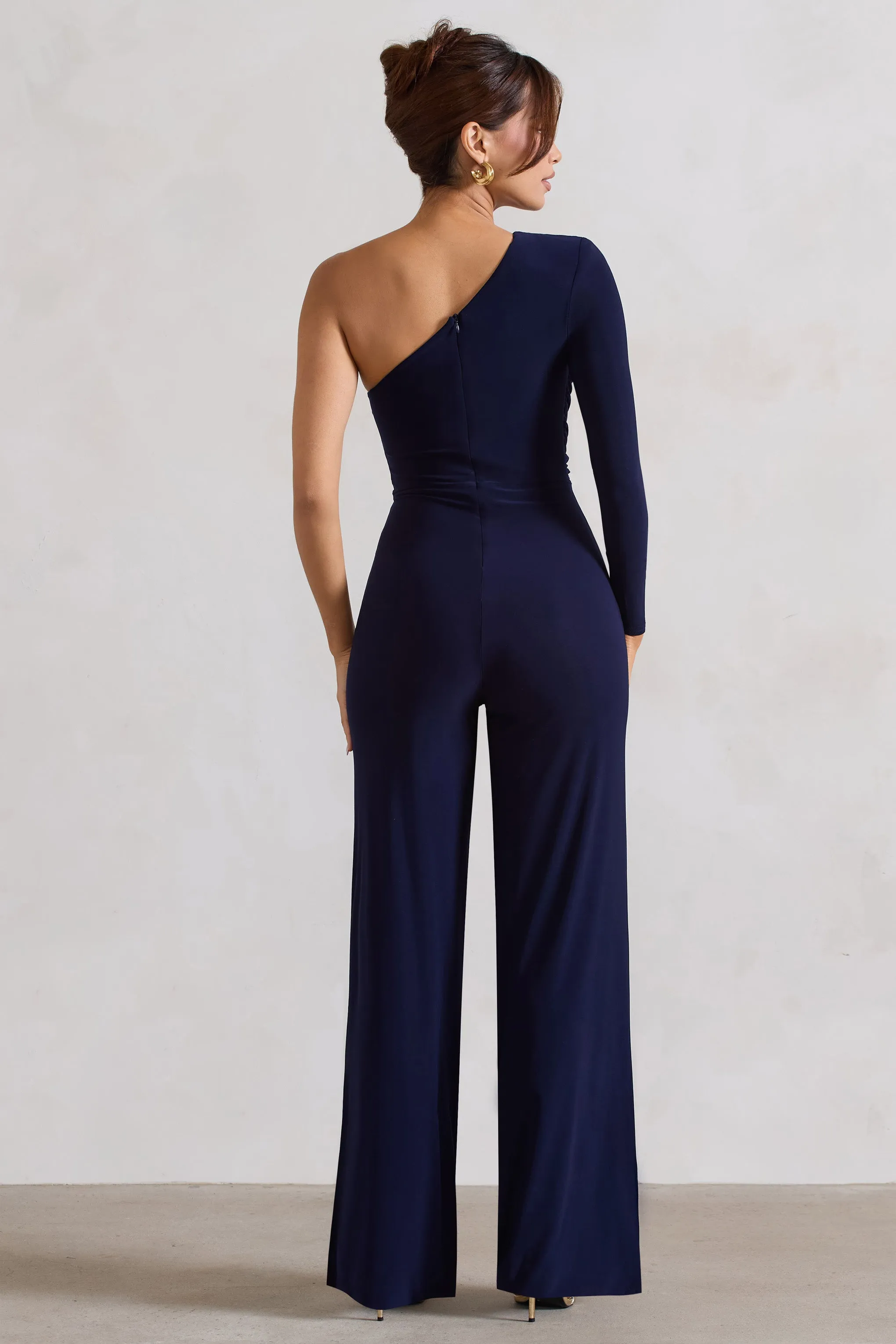 Mila | Navy One Shoulder Ruched Wide Leg Jumpsuit sold by Club L London product image thumbnail 2