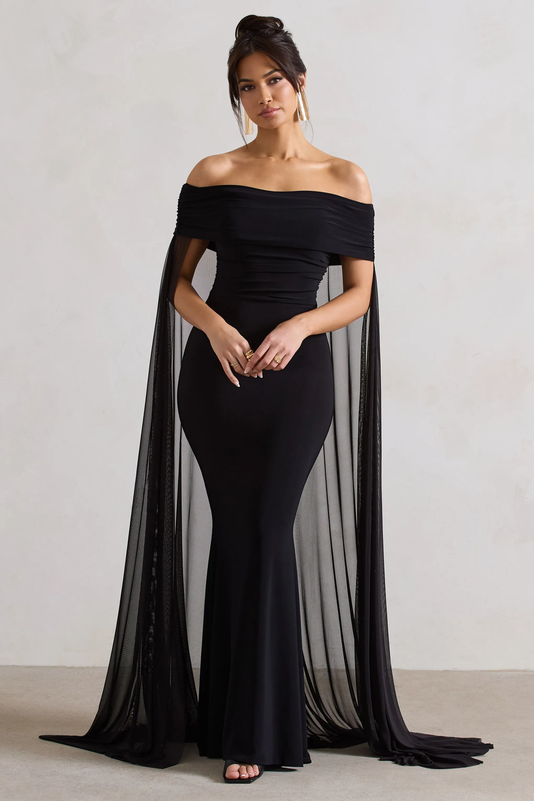 Carlotta | Black Bardot Maxi Dress With Chiffon Cape sold by Club L London