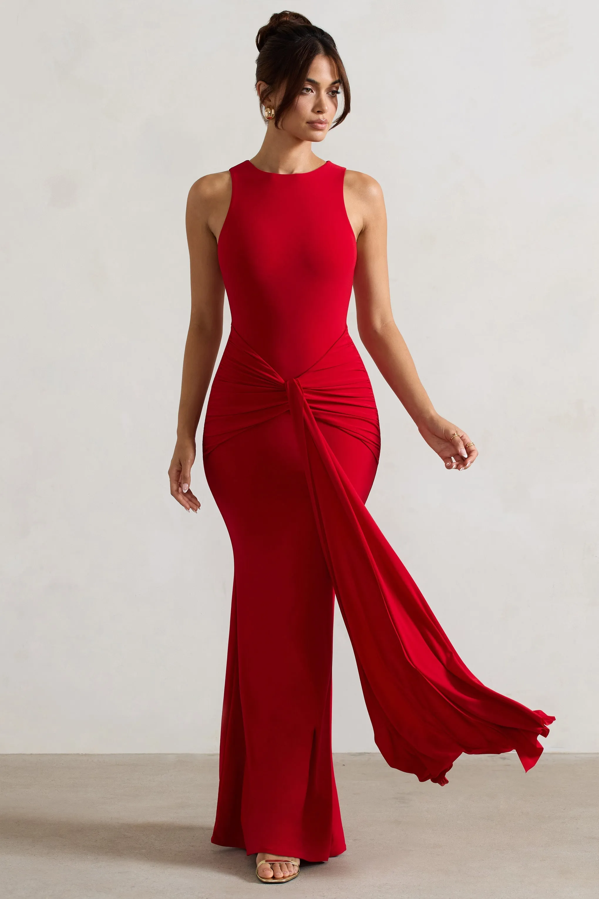 Maren | Red Racer-Neck Gathered Maxi Dress With Drape sold by Club L London