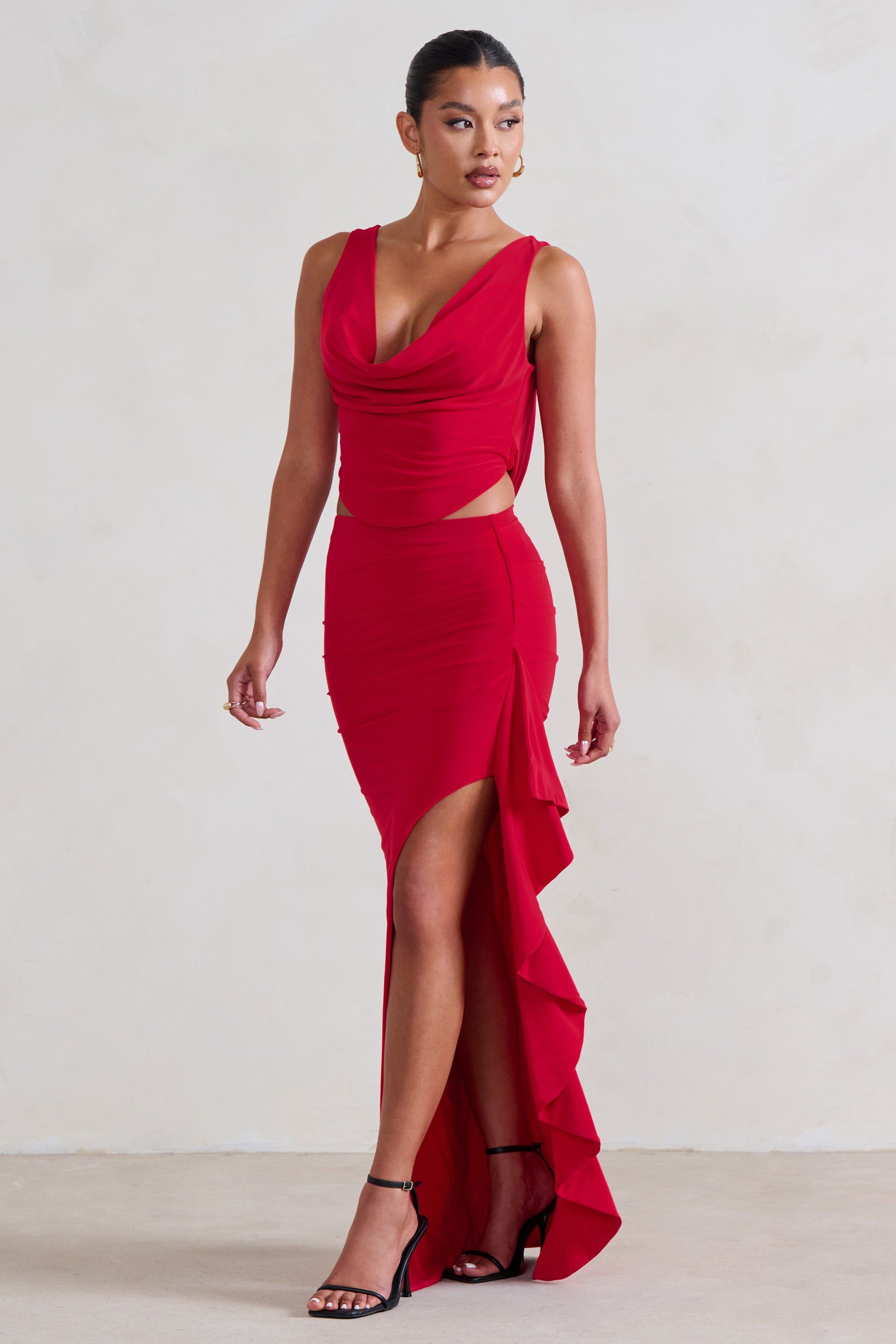 La Belle | Red Ruffle Maxi Skirt With Thigh Split sold by Club L London product image thumbnail 5