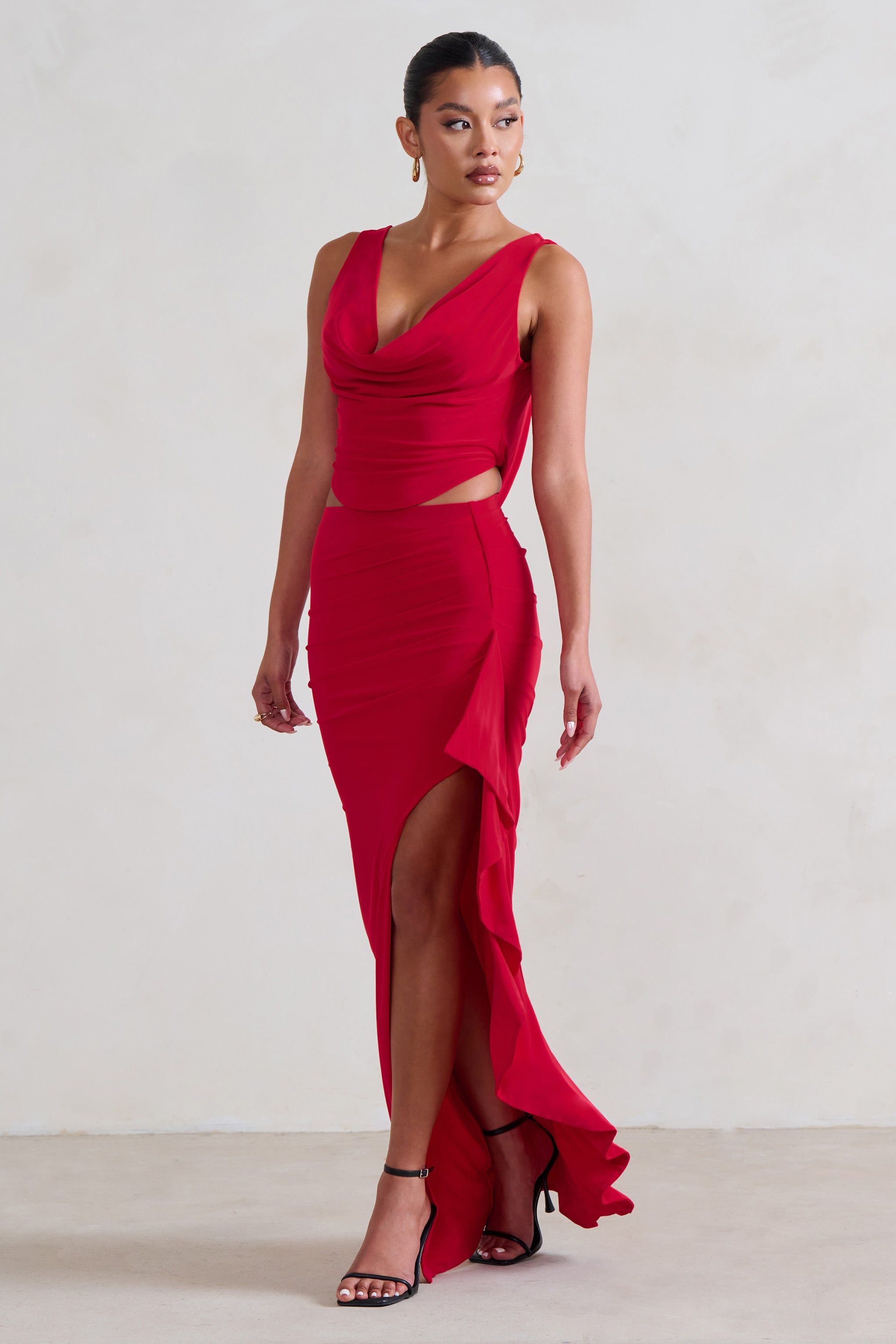 La Belle | Red Ruffle Maxi Skirt With Thigh Split sold by Club L London product image thumbnail 6