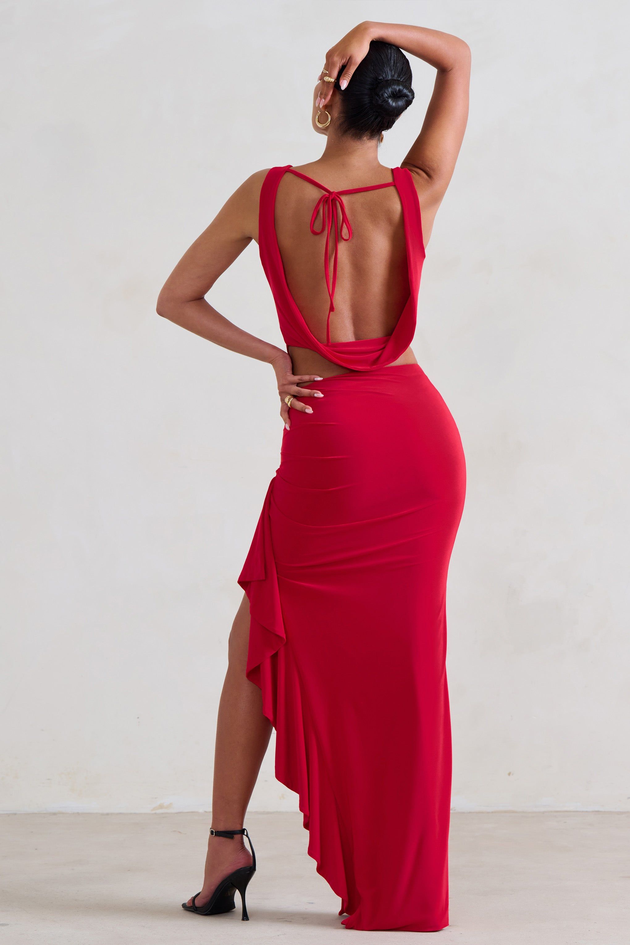 La Belle | Red Ruffle Maxi Skirt With Thigh Split sold by Club L London product image thumbnail 2
