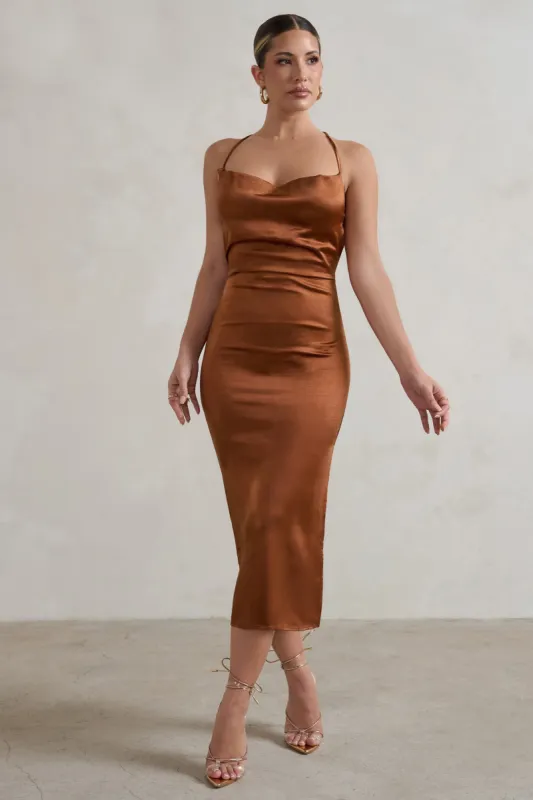Aja | Copper Cowl Cami Midi Dress With Waist Tie sold by Club L London
