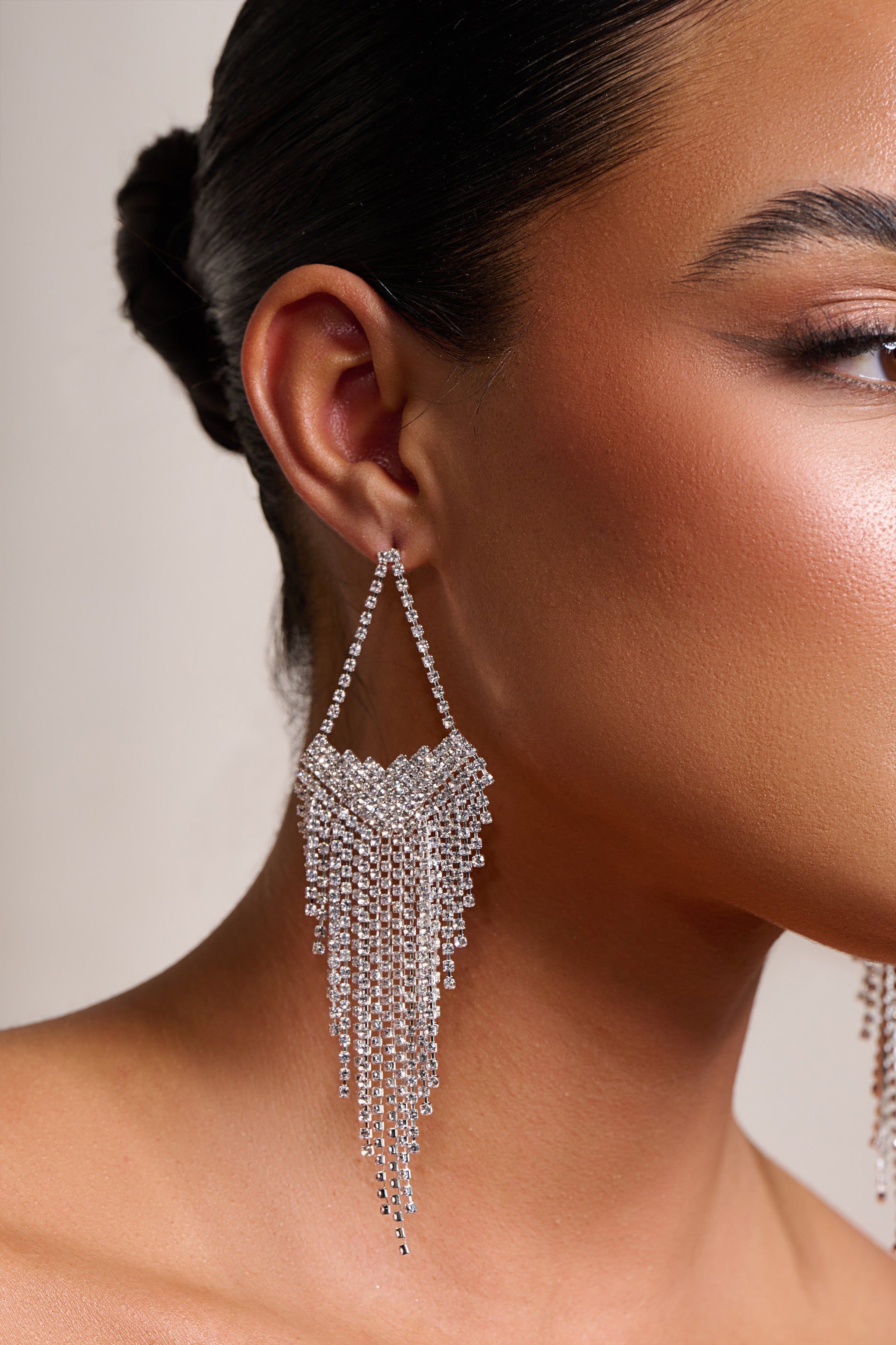 Cassandra | Silver Diamante Tassel Earrings sold by Club L London product image thumbnail 2