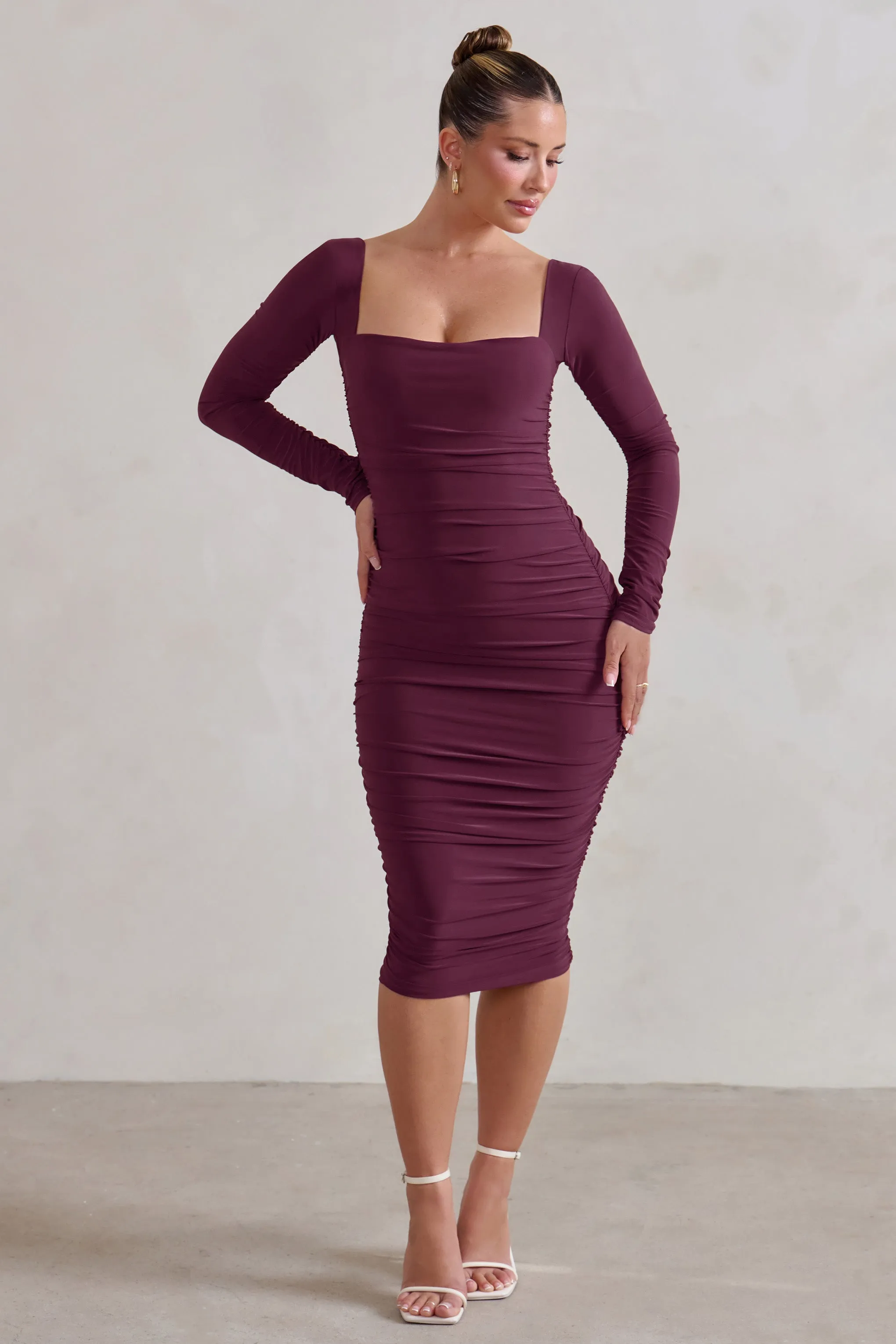 Seductress | Burgundy Square Neck Bodycon Midi Dress With Long Sleeves sold by Club L London