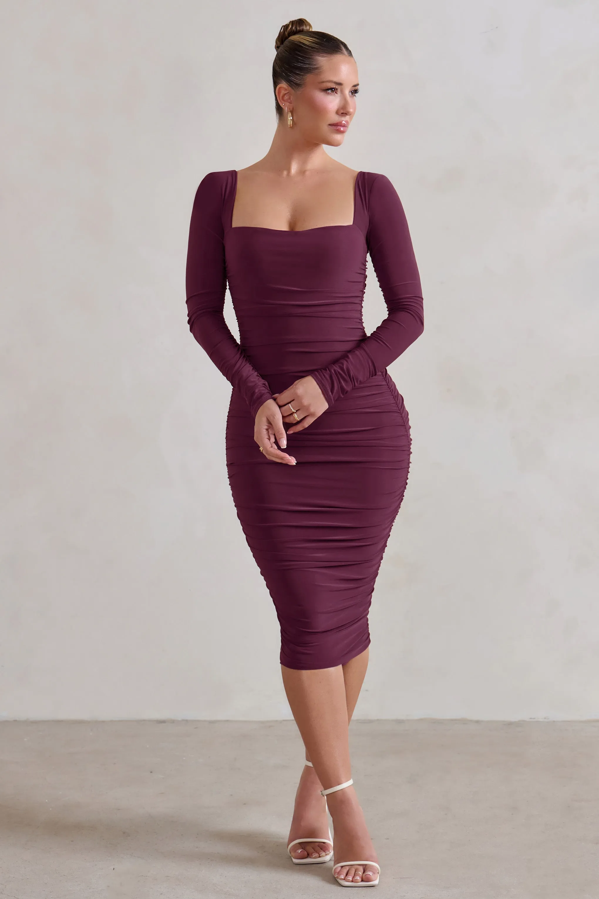 Seductress | Burgundy Square Neck Bodycon Midi Dress With Long Sleeves sold by Club L London product image thumbnail 4