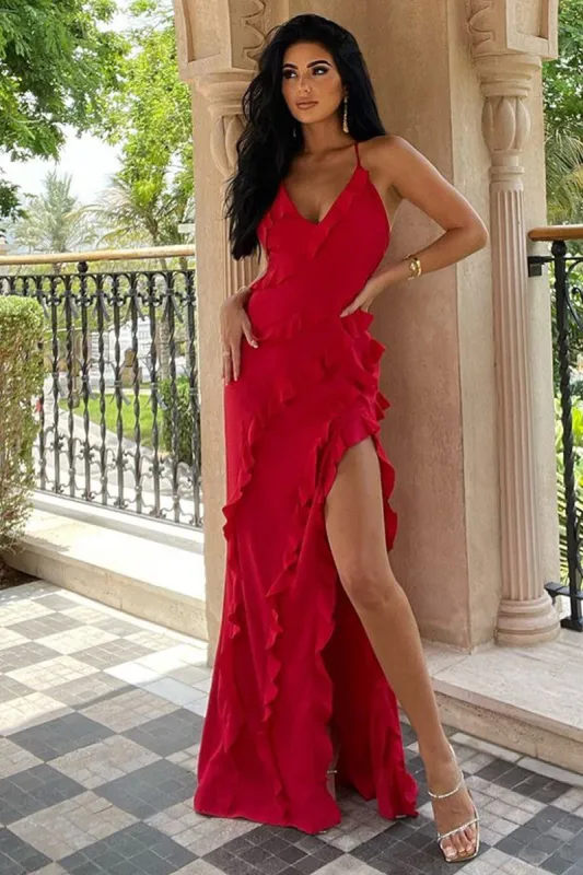 Run The World | Red Plunge Neckline Ruffle Maxi Dress sold by Club L London