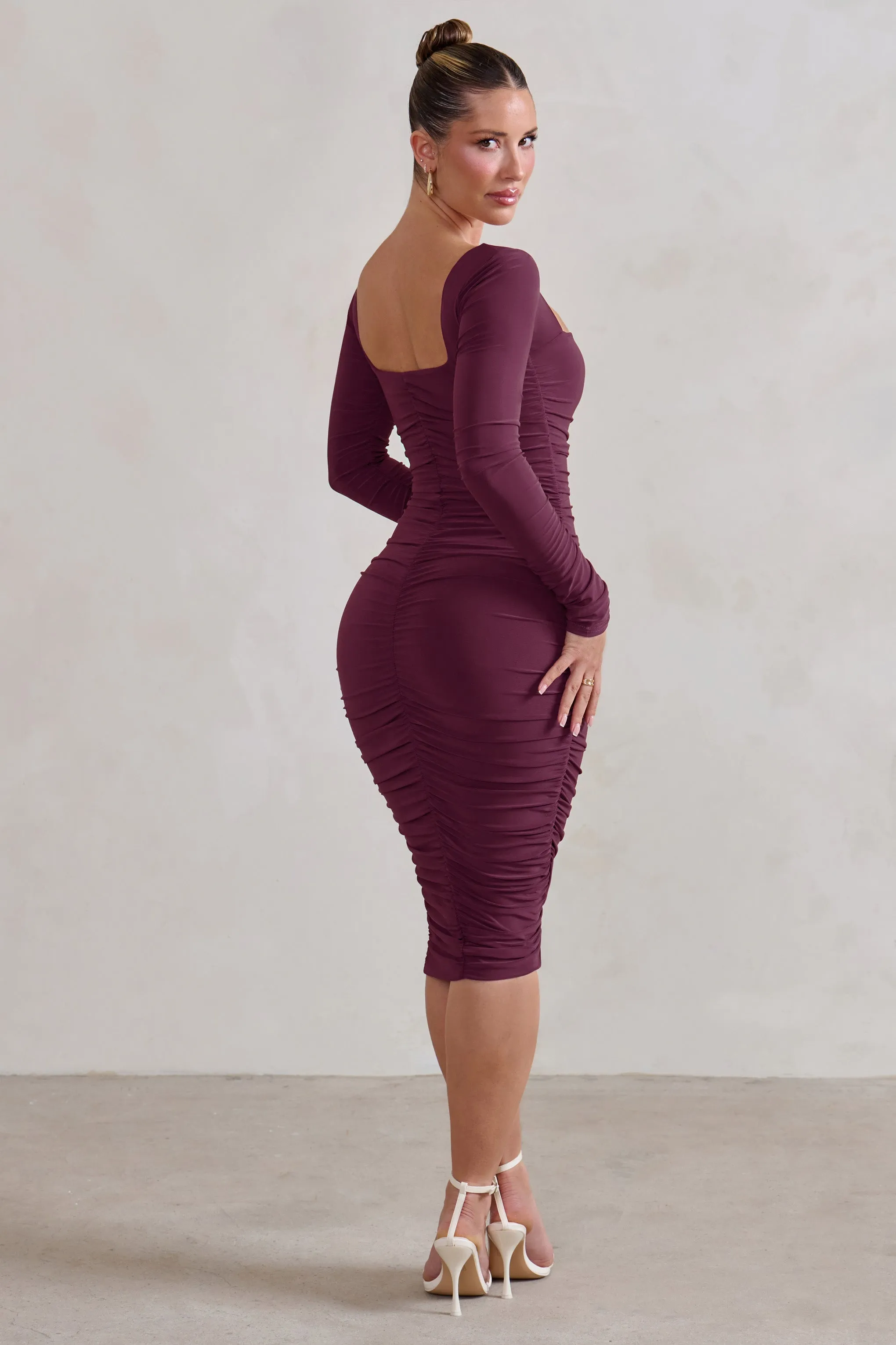 Seductress | Burgundy Square Neck Bodycon Midi Dress With Long Sleeves sold by Club L London product image thumbnail 2