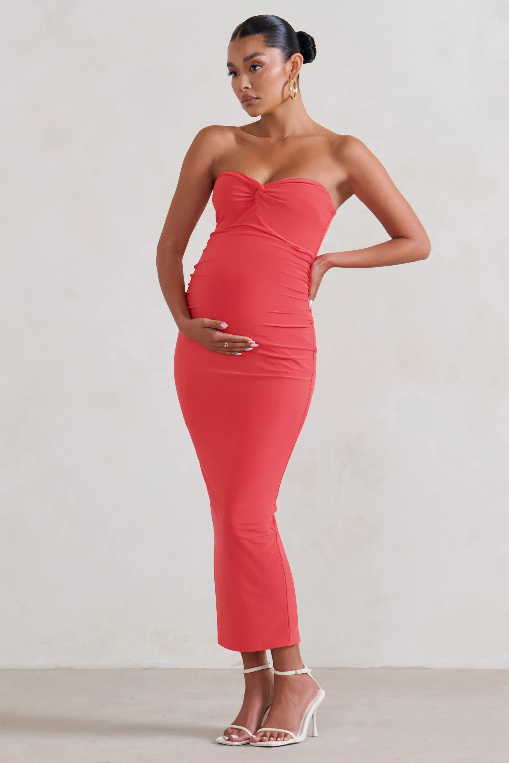 Evita | Coral Maternity Sweetheart Twist Detail Midi Dress sold by Club L London product image thumbnail 4