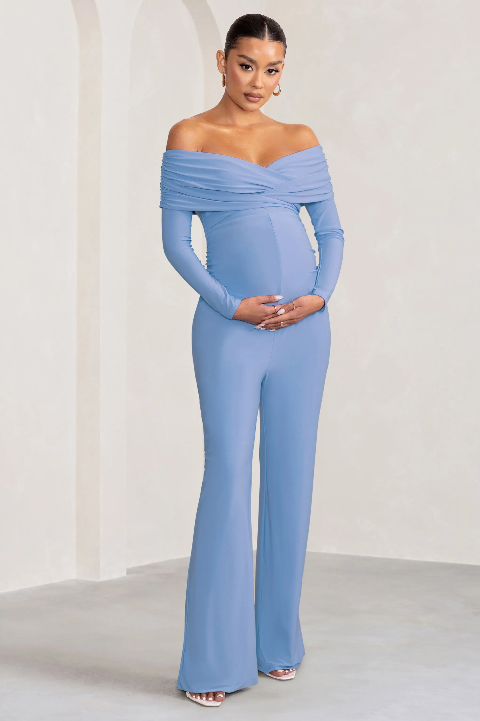 Nuala | Powder Blue Bardot Maternity Jumpsuit with Long Sleeves sold by Club L London product image thumbnail 4