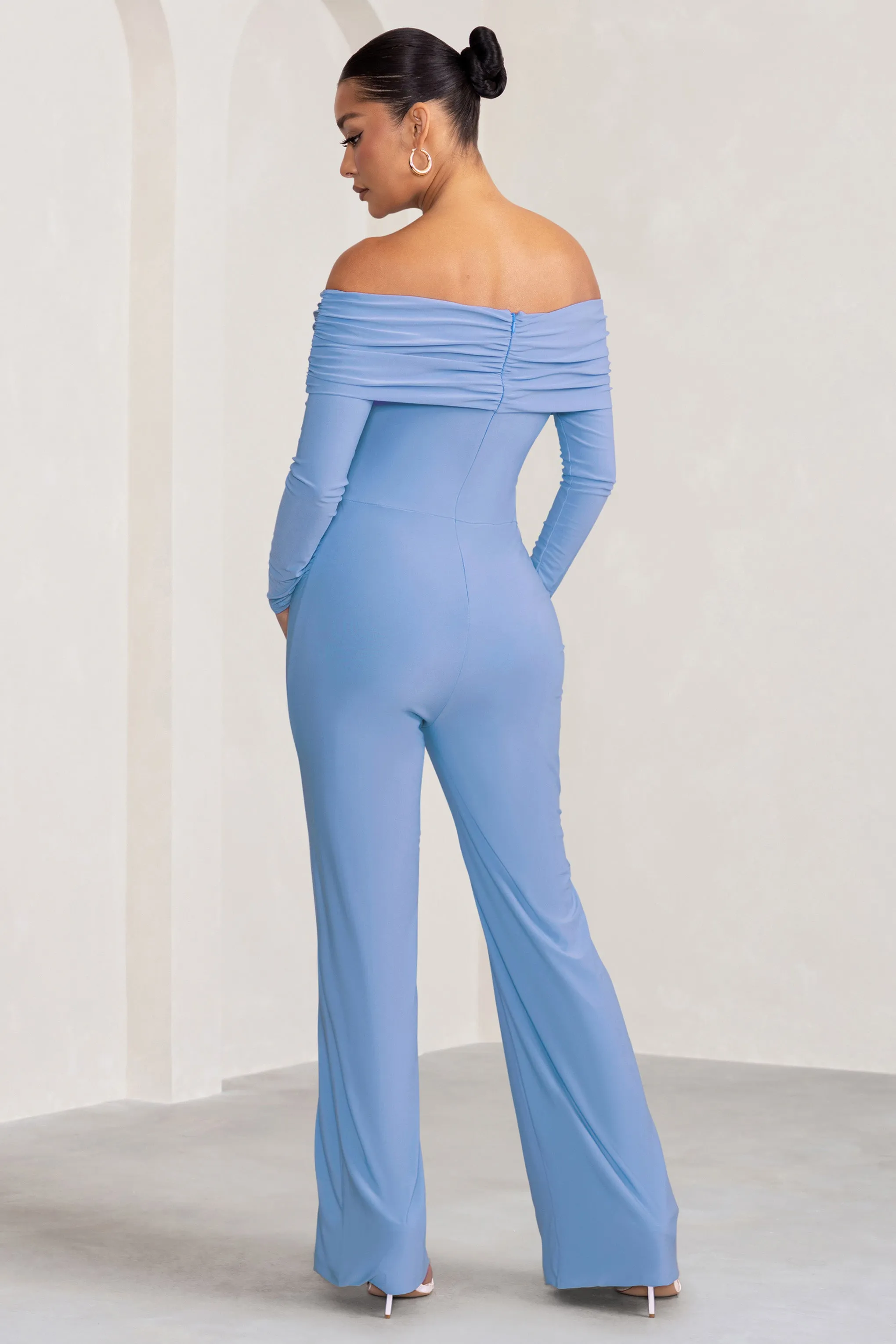 Nuala | Powder Blue Bardot Maternity Jumpsuit with Long Sleeves sold by Club L London product image thumbnail 2
