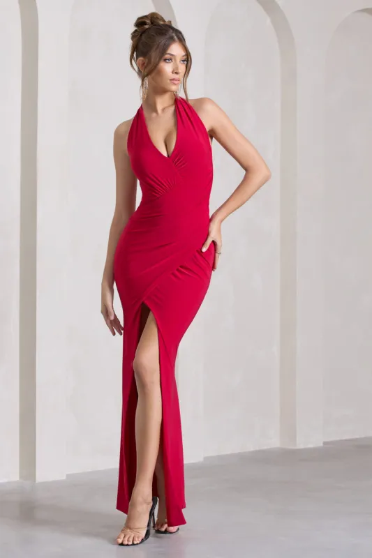 Leonie | Red Halter-Neck Split Maxi Dress With Wrap Detail sold by Club L London