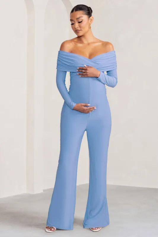 Nuala | Powder Blue Bardot Maternity Jumpsuit with Long Sleeves sold by Club L London