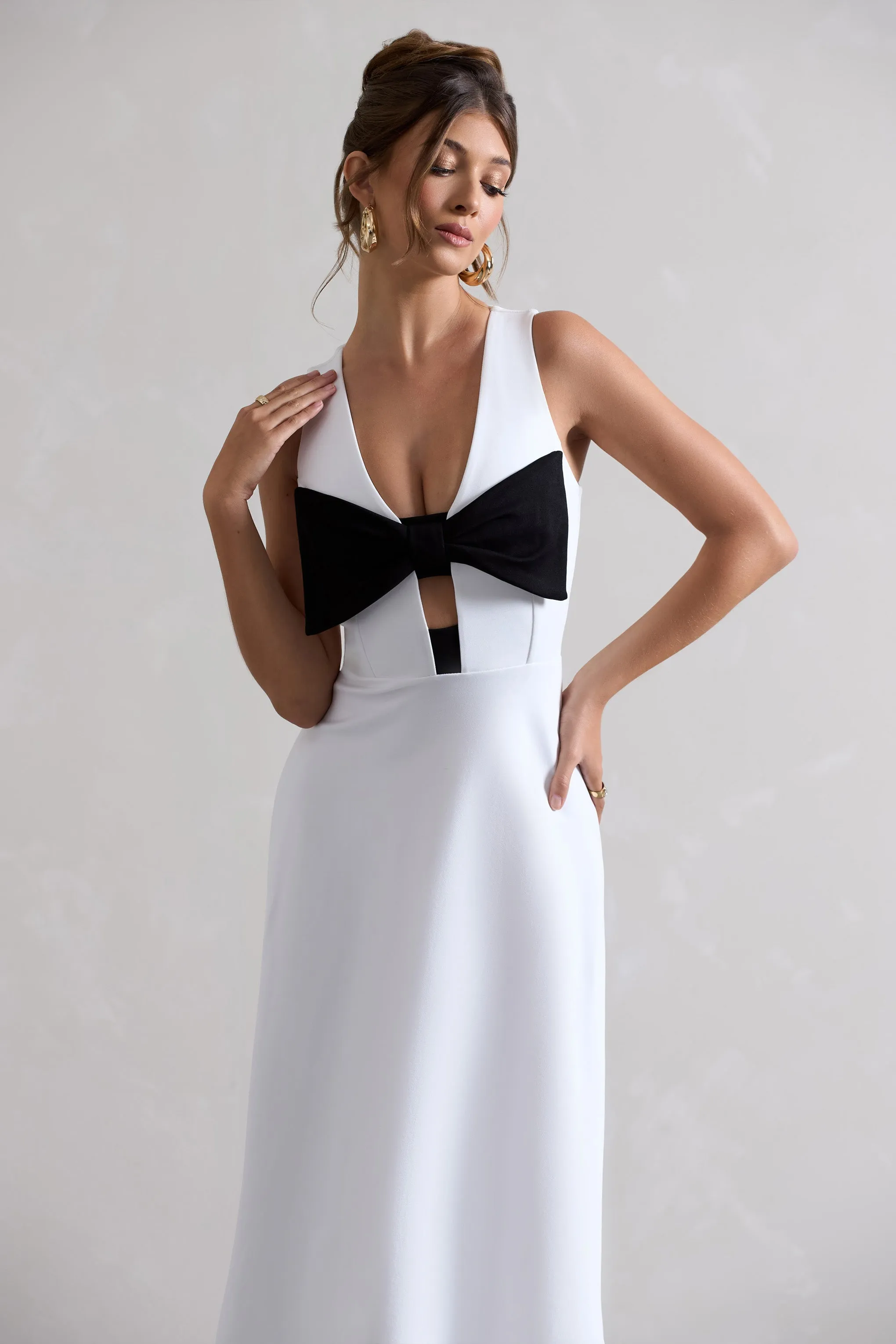 Primrose | White Plunge-Neck Midi Dress With Black Bow sold by Club L London product image thumbnail 3