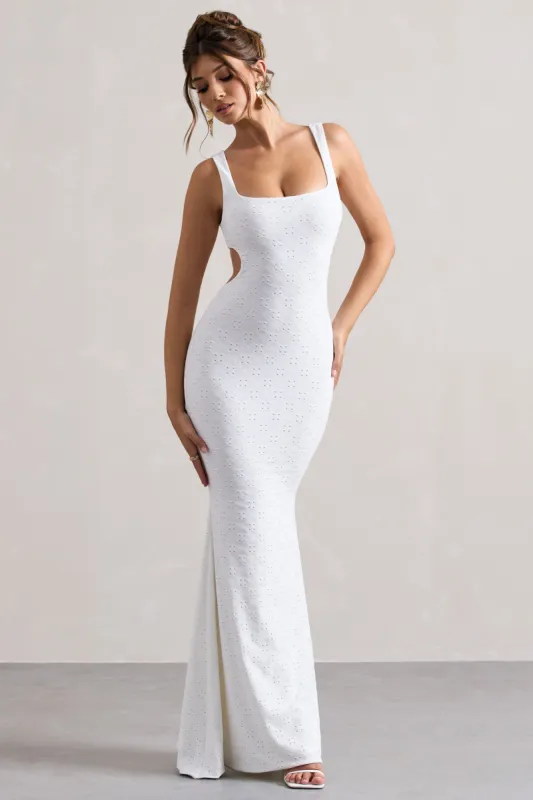 Marseille | White Broderie Knit Square-Neck Cut-Out Maxi Dress sold by Club L London