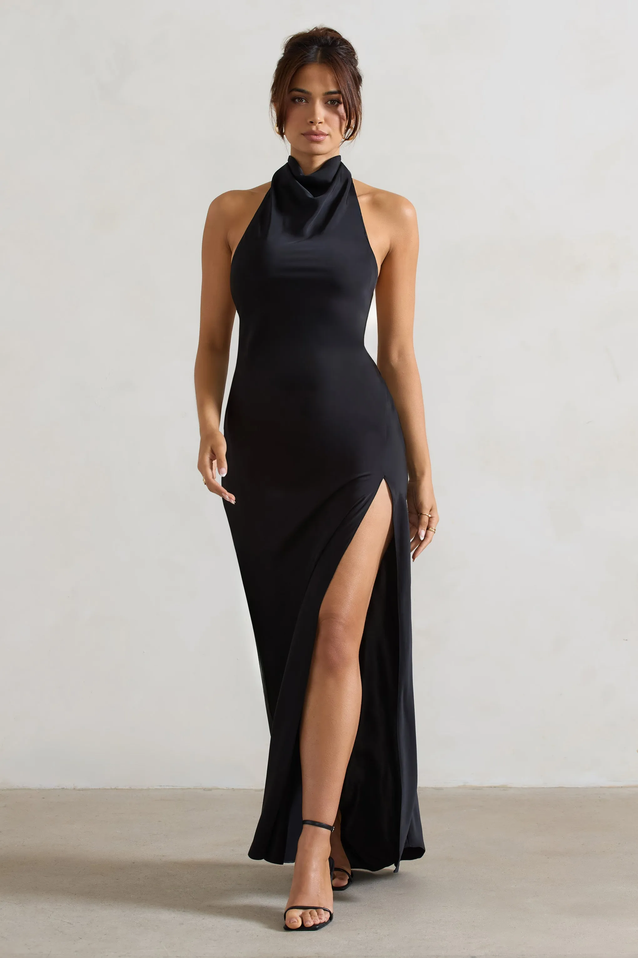 Priero | Black Cowl Halter-Neck Open Back Maxi Dress sold by Club L London