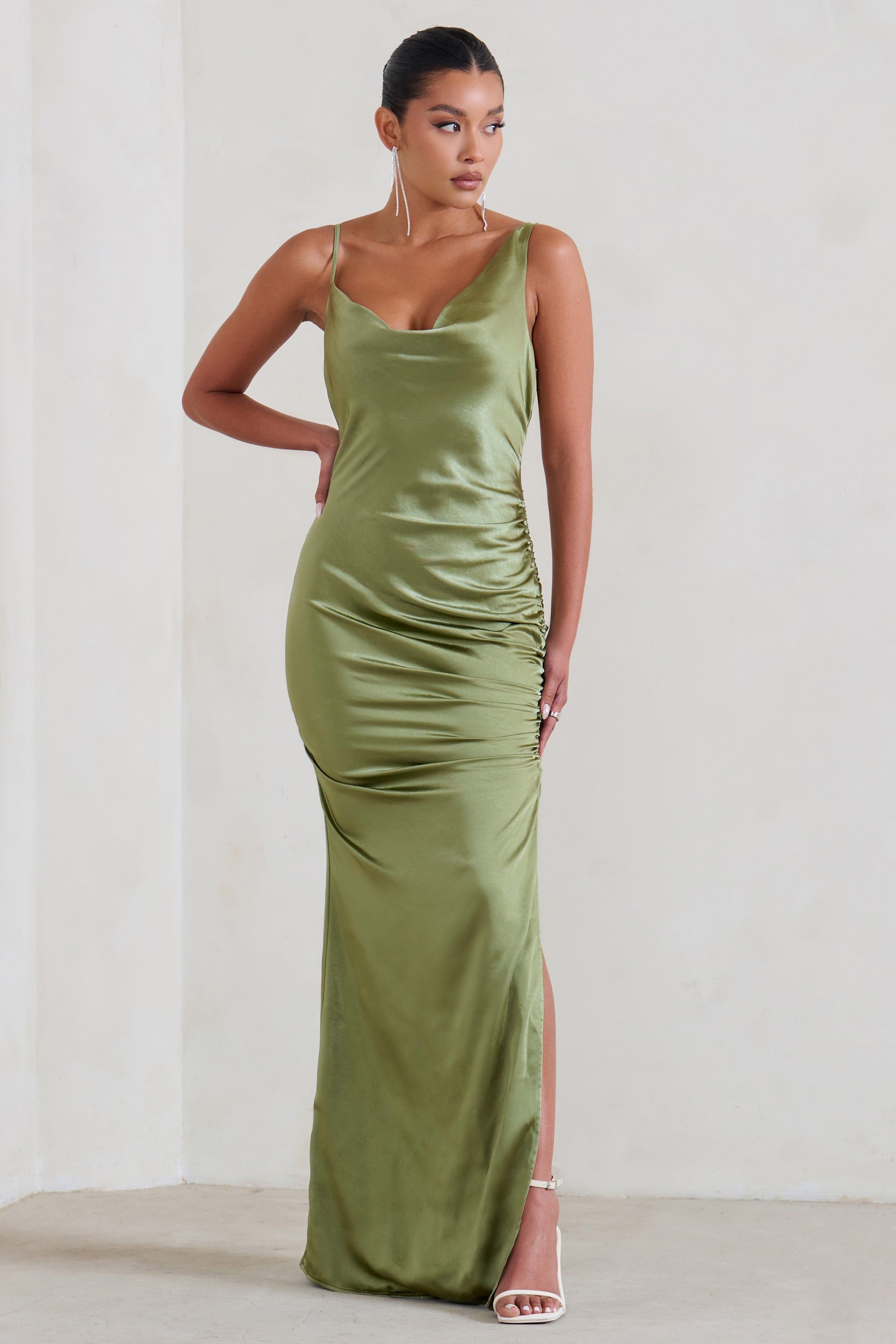 Belonging | Olive Ruched Cowl Maxi Dress | Parallel